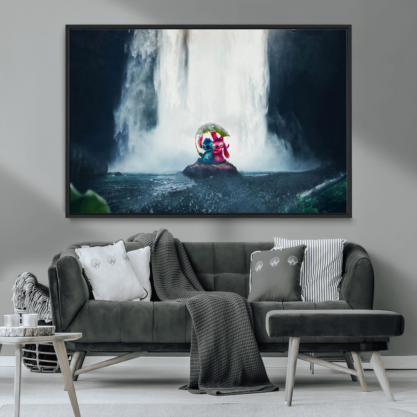 32259-MGV-CV-36X24-Stitch Angel Wall Art Canvas Print, Framed Stitch Waterfall Art Picture Print, Cartoon Couple Perfect Moody Fantasy Decor Artwork