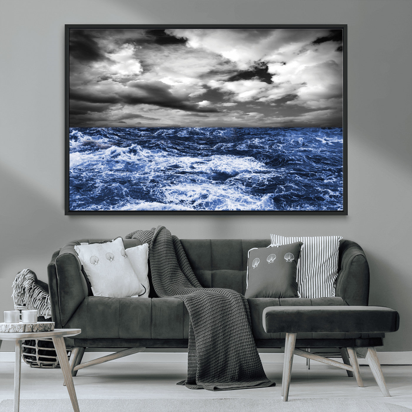 91043-MGV-CV-36X24-Stormy Ocean Wall Art Canvas Print, Framed Moody Seascape Art Picture Print, Monochrome Sea Perfect Coastal Drama Decor Artwork