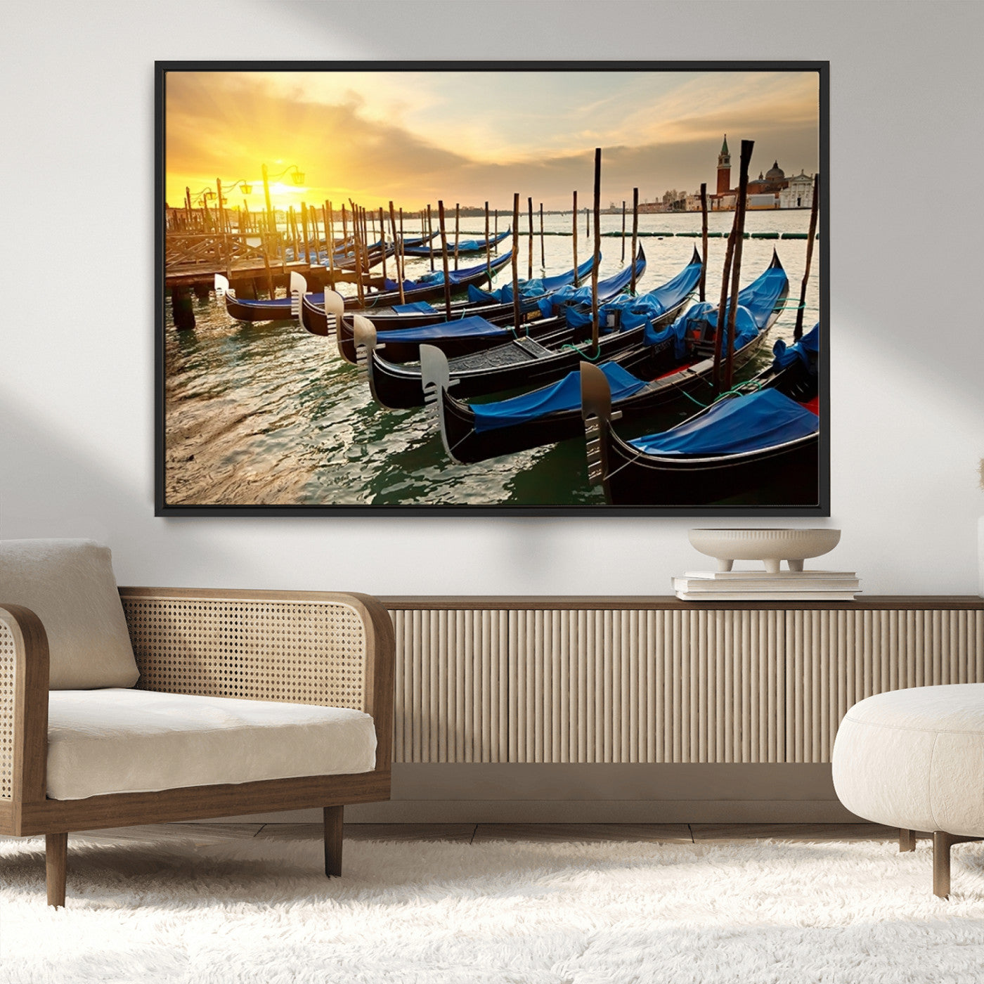 25872-MGV-CV-36X24-Venetian Gondola Dock Wall Art – Serene Sunset Canal Canvas Print, Tranquil Water Travel Decor for Office, Living Room, or Man