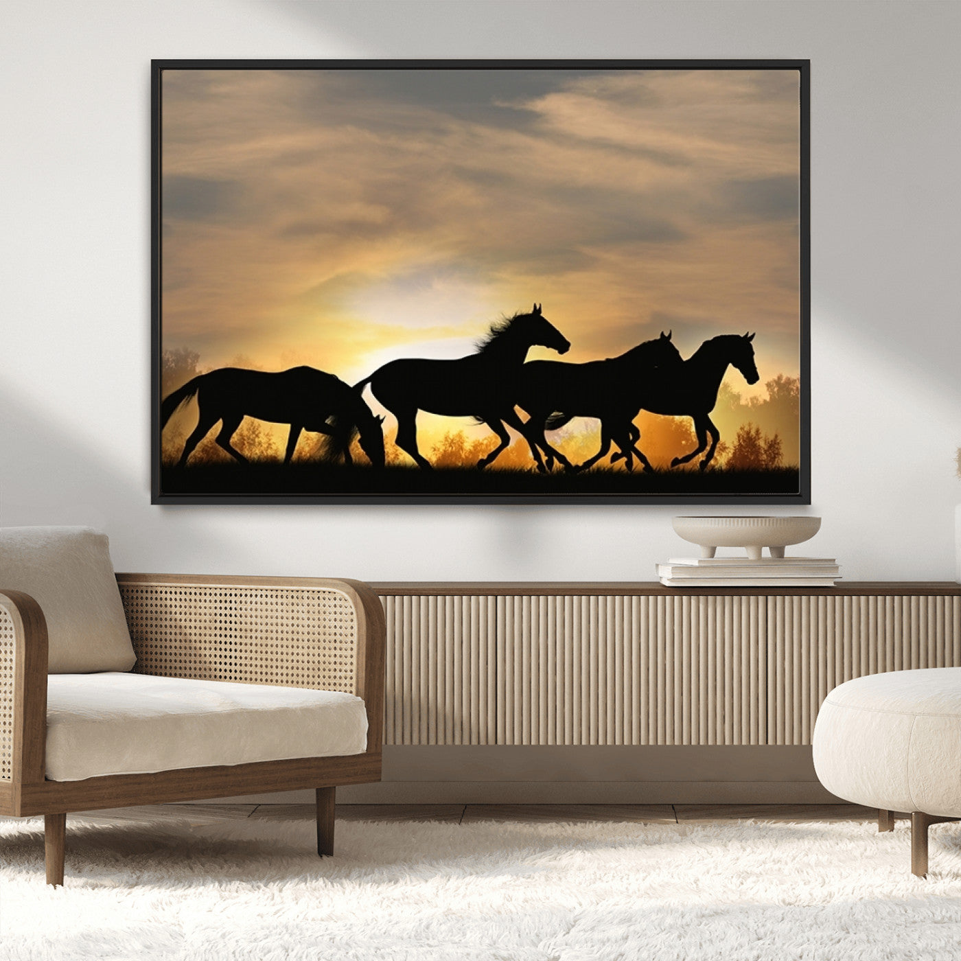 16620-MGV-CV-36X24-Sunset Stallions Wall Art – Silhouetted Horses Running Canvas Print, Nature’s Rhythm, Perfect for Living Room, Office, or Man Cave