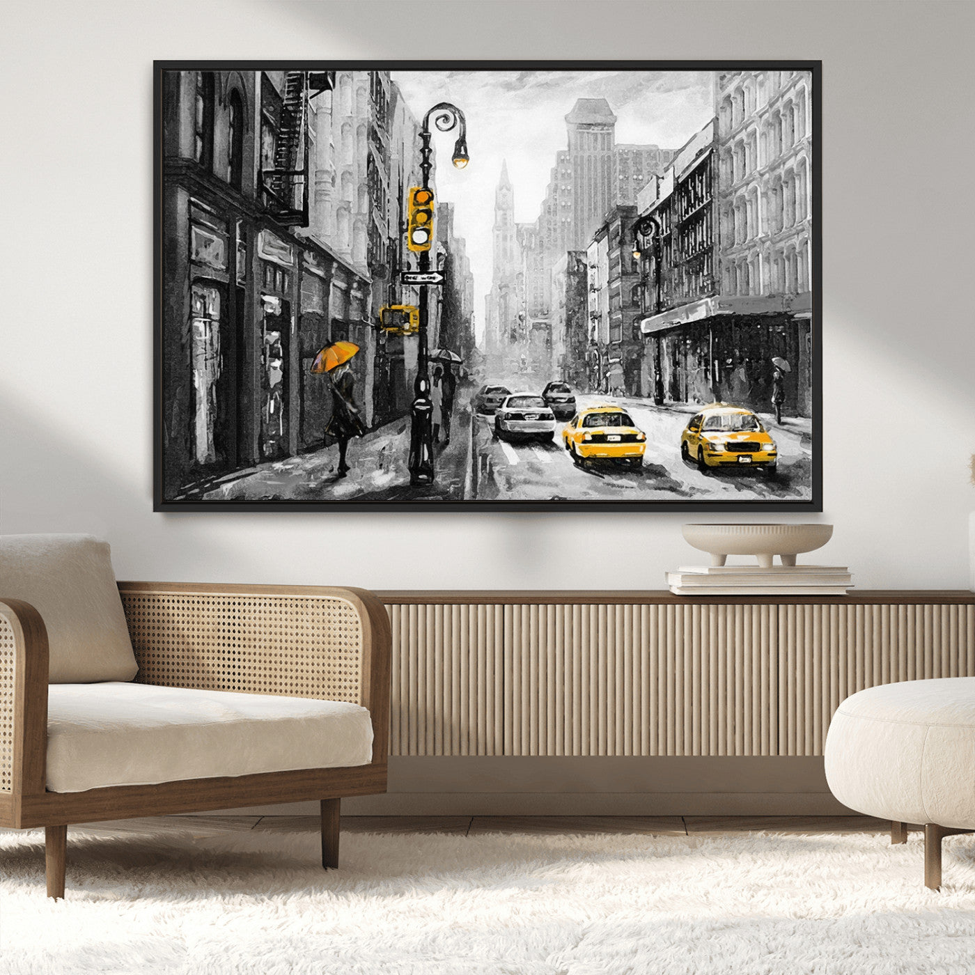 32362-MGV-CV-36X24-NYC Street Wall Art – Black and White Cityscape with Yellow Taxis and Umbrella Canvas Print, Urban Home Decor for Living Room or