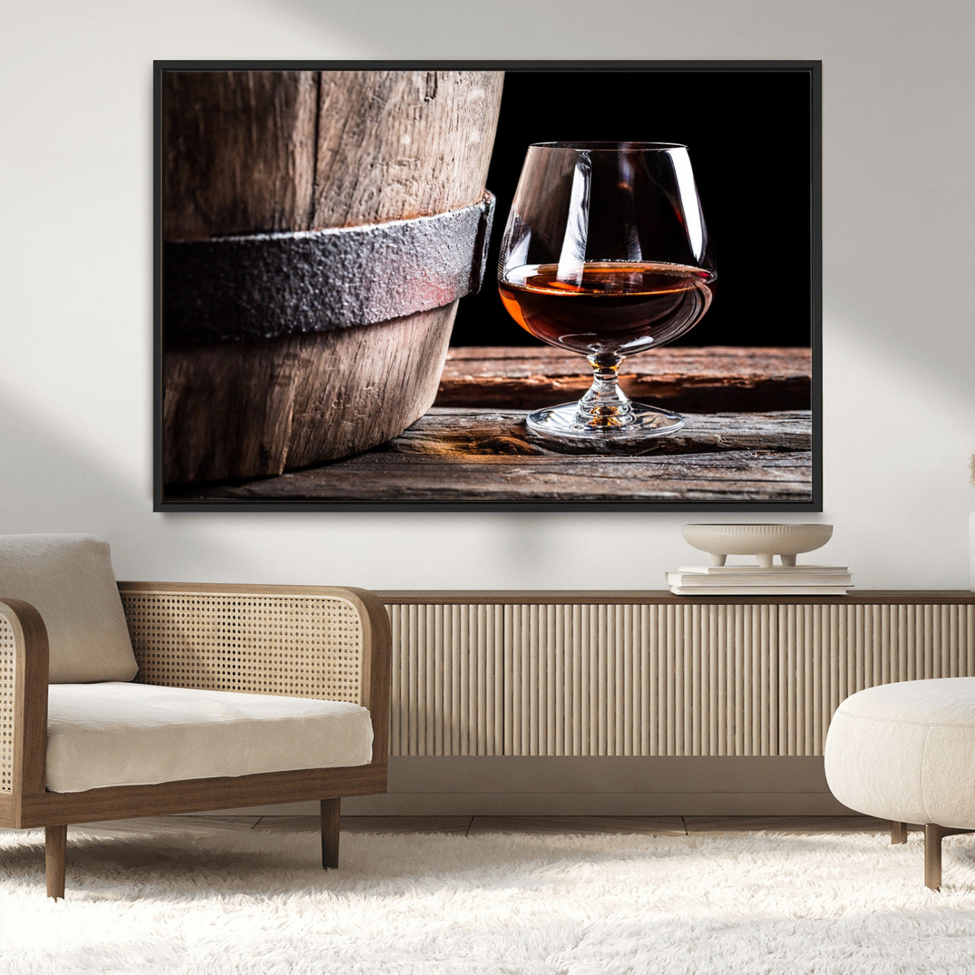 50839-MGV-CV-36X24-Barrel & Brandy Wall Art – Rustic Whiskey Barrel and Brandy Glass Canvas Print, Elegant Home Bar or Lounge Decor for Office, Man