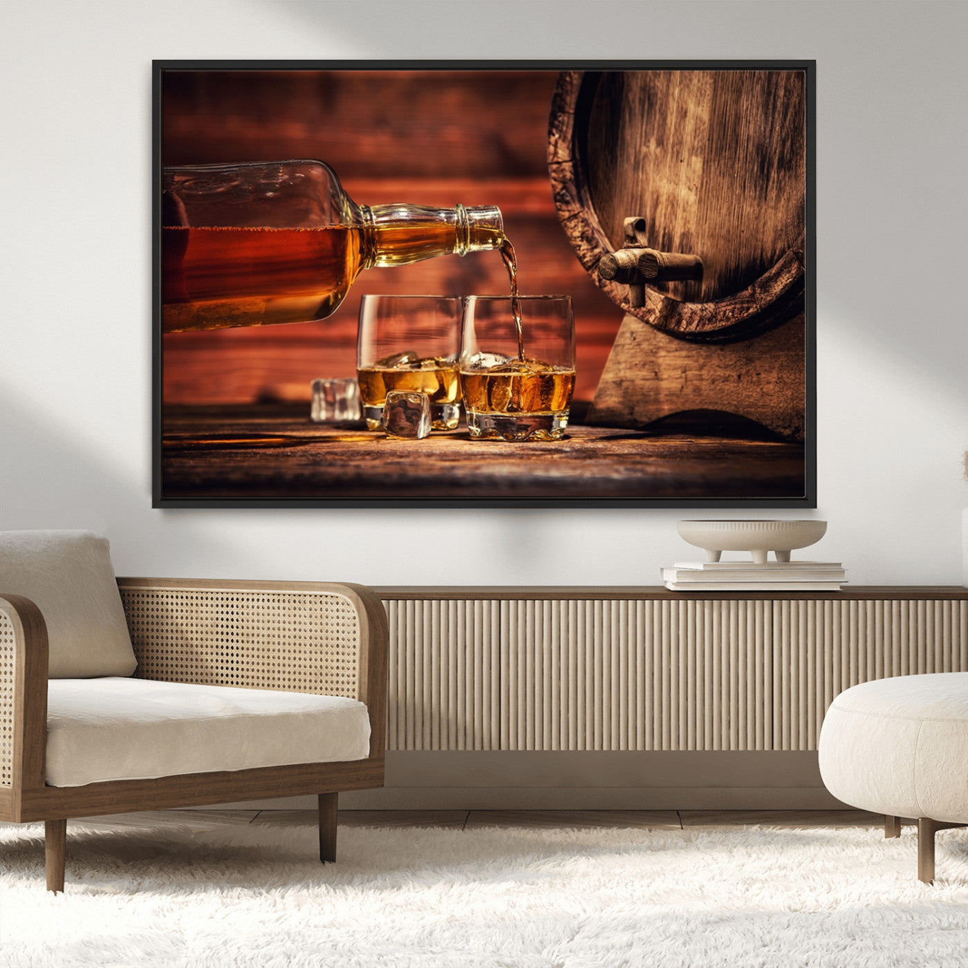 52458-MGV-CV-36X24-Whiskey Pour Wall Art – Elegant Whiskey Bottle Pouring into Glasses Canvas Print, Refined Bar or Lounge Decor for Home, Office, or
