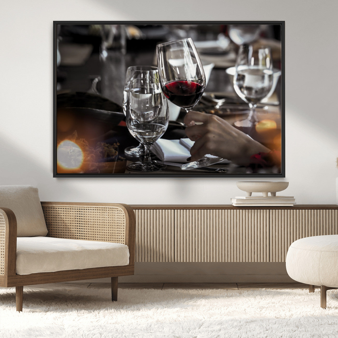 75513-MGV-CV-36X24-Elegant Wine Toast Wall Art – Close-Up Red Wine Glass at Dinner Table Canvas Print, Sophisticated Dining Room or Bar Decor