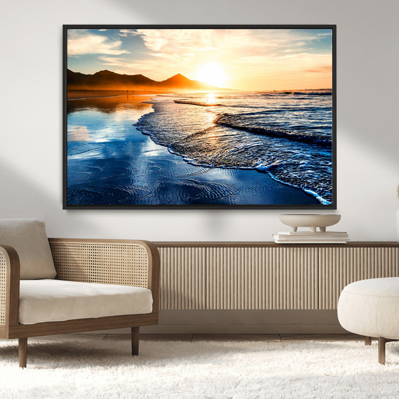 86173-MGV-CV-36X24-Golden Sunset Beach Wall Art – Reflective Ocean Canvas Print with Mountains and Waves, Coastal Nature Decor for Living Room,