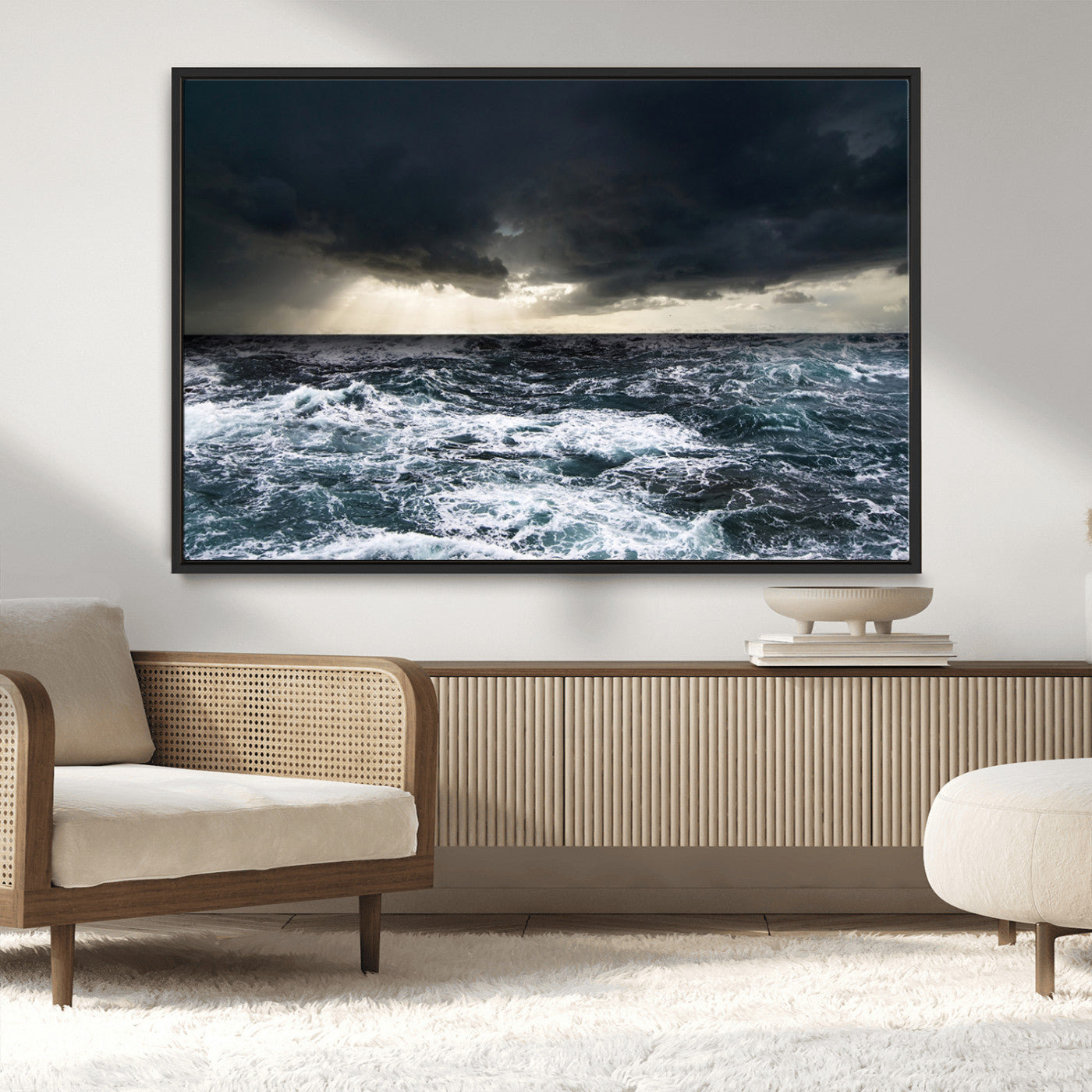 42607-MGV-CV-36X24-Stormy Ocean Wall Art – Dramatic Sea and Sky Canvas Print with Sun Rays, Moody Nature Decor for Living Room, Office, Bedroom or