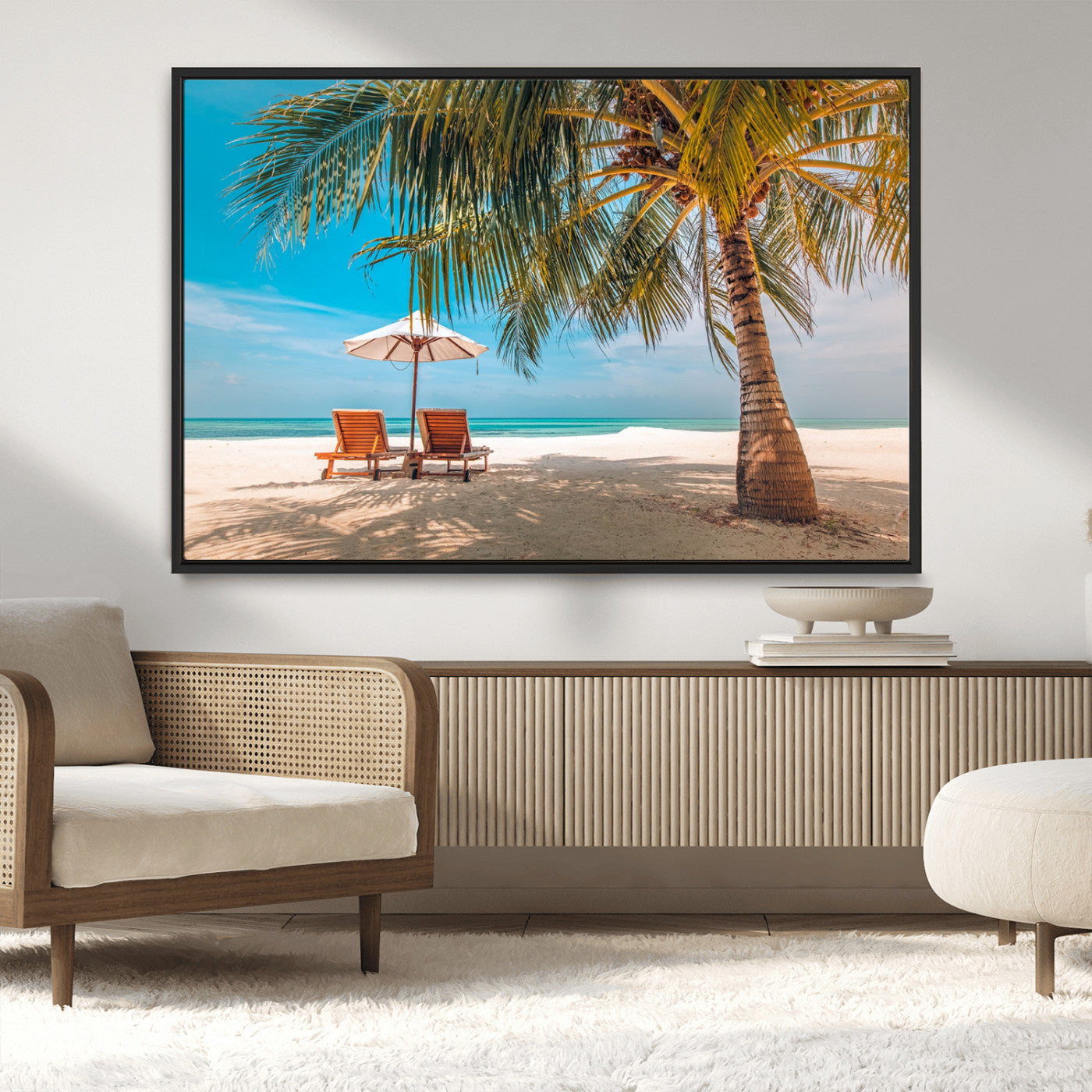 69754-MGV-CV-36X24-Tropical Beach Wall Art – Relaxing Palm Tree and Lounge Chairs Canvas Print, Serene Coastal Decor for Living Room, Bedroom, Office