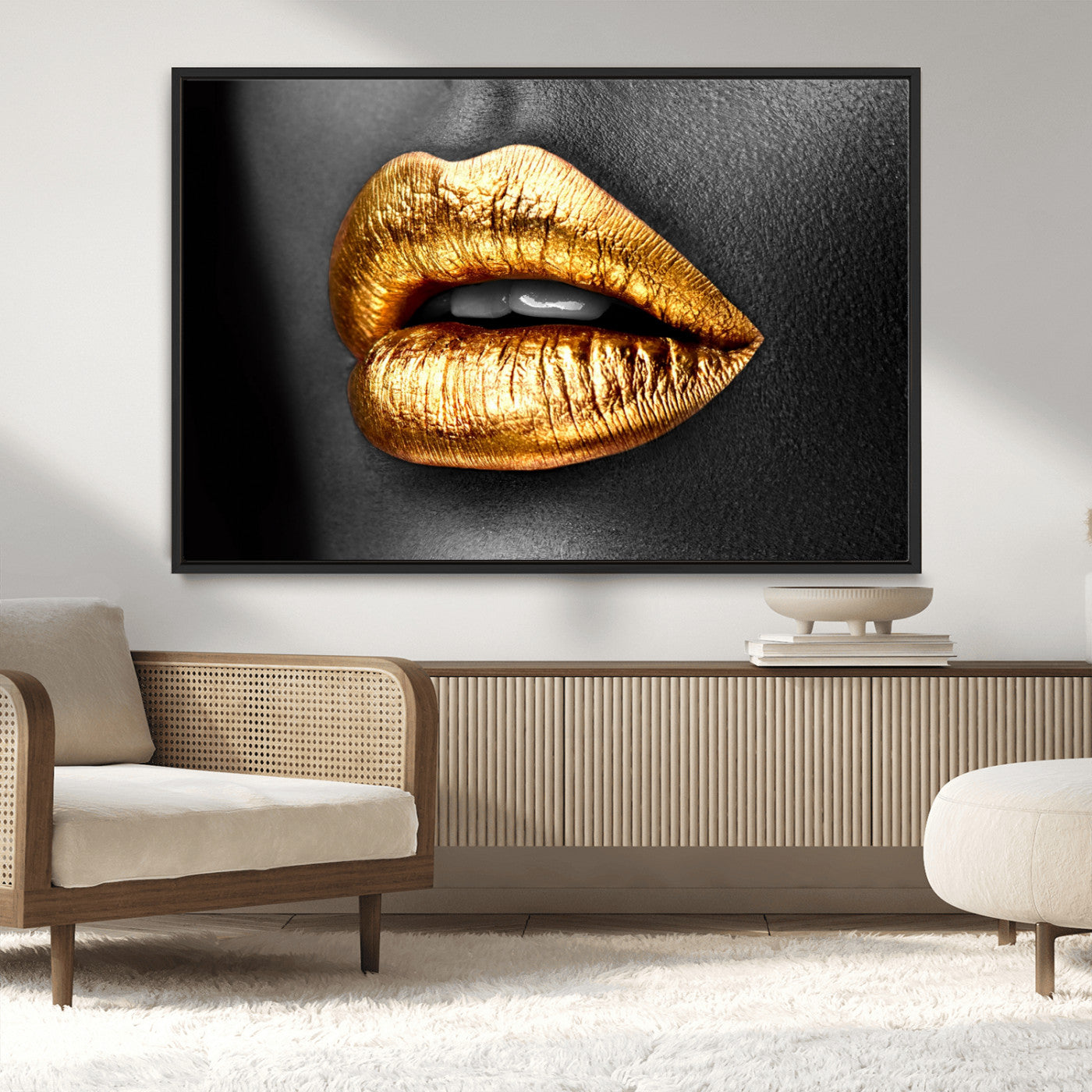 84747-MGV-CV-36X24-Golden Lips Black & White Portrait – Glamorous Metallic Lip Art Print, Modern Wall Decor for Bedroom, Beauty & Fashion Lover Gift