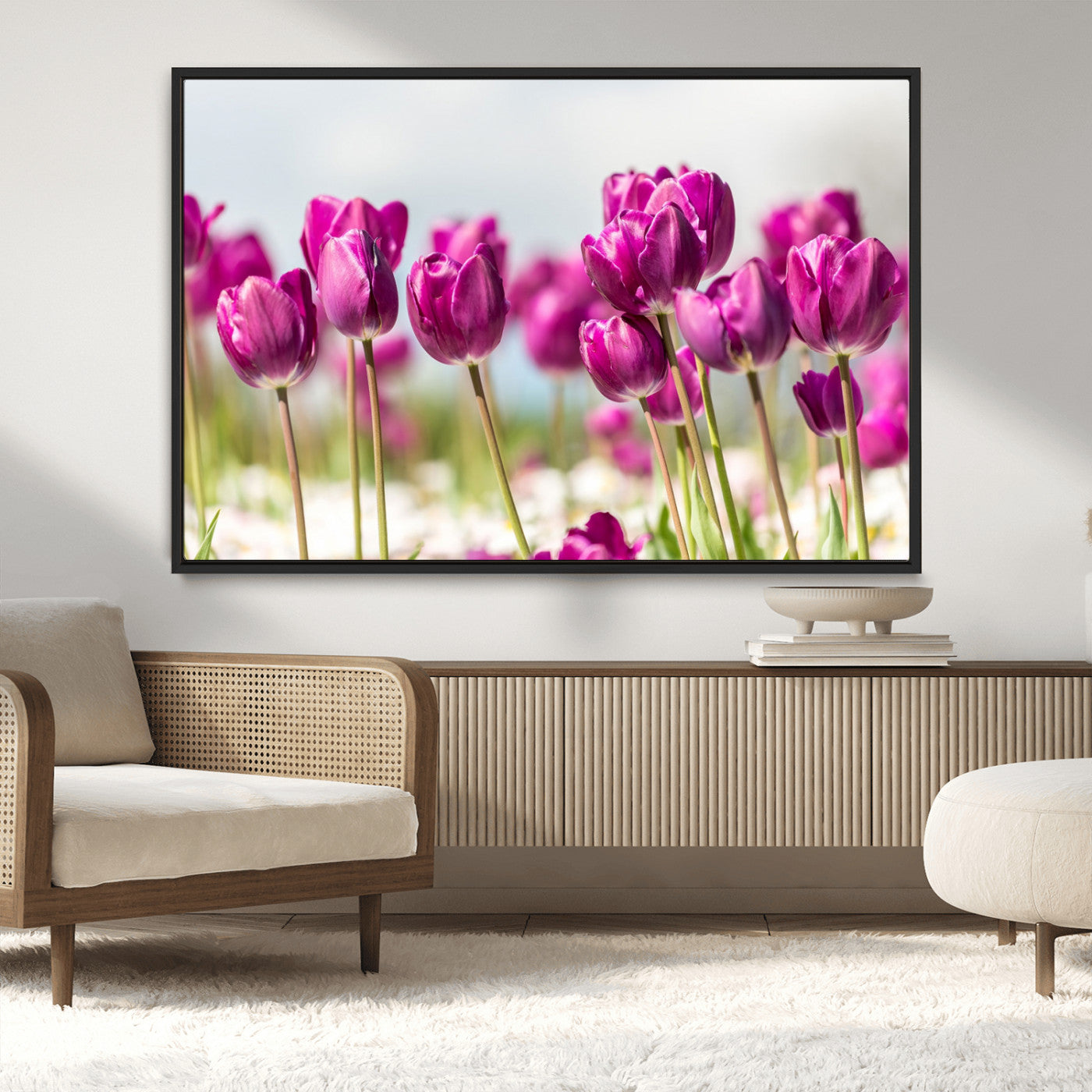 30632-MGV-CV-36X24-Purple Tulip Field Wall Art – Beautiful Spring Flowers Canvas Print with Soft Focus and Bright Sky, Ideal Floral Decor for Home or