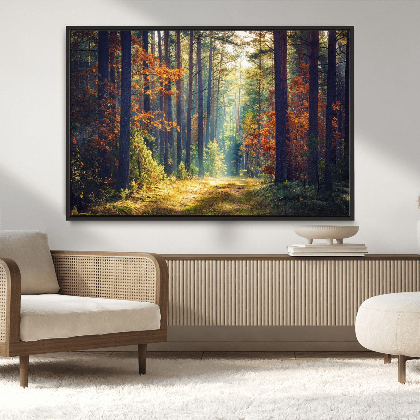86249-MGV-CV-36X24-Sunlit Autumn Forest Path Wall Art – Peaceful Nature Scene with Fall Foliage, Calming Woods Decor for Home or Office