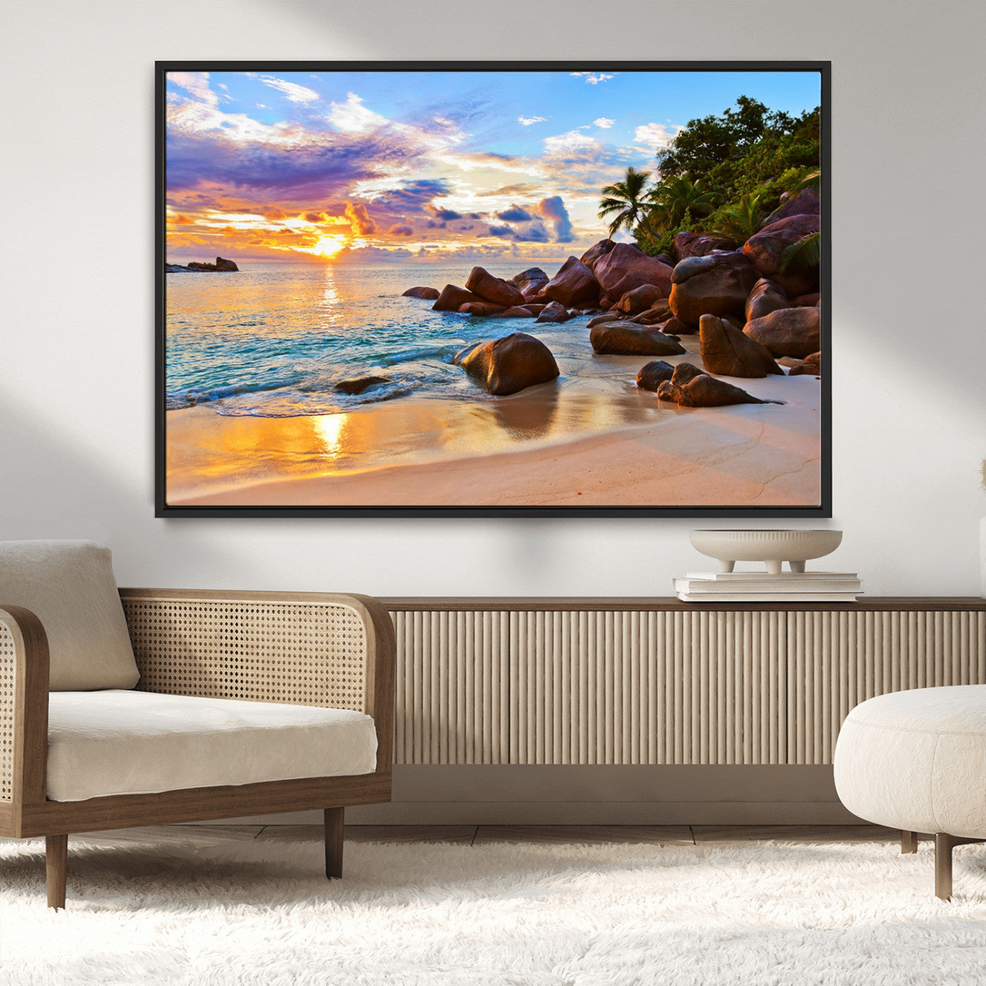 43209-MGV-CV-36X24-Tropical Beach Sunset Wall Art – Golden Ocean Waves and Palm Trees with Rocky Shore Canvas Print, Coastal Seascape Decor for