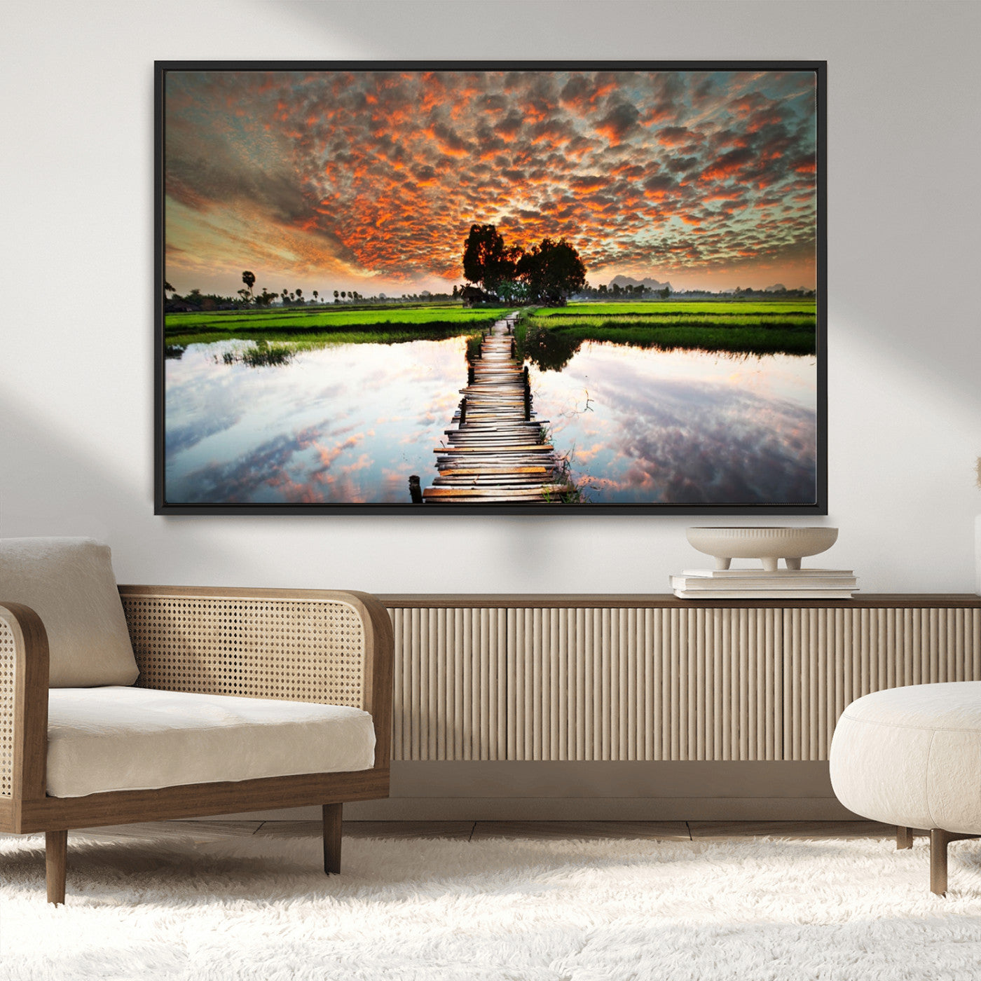 29105-MGV-CV-36X24-Rustic Wooden Bridge Wall Art – Scenic Sunset Over Rice Fields and Reflective Water Canvas Print, Nature Landscape Decor for