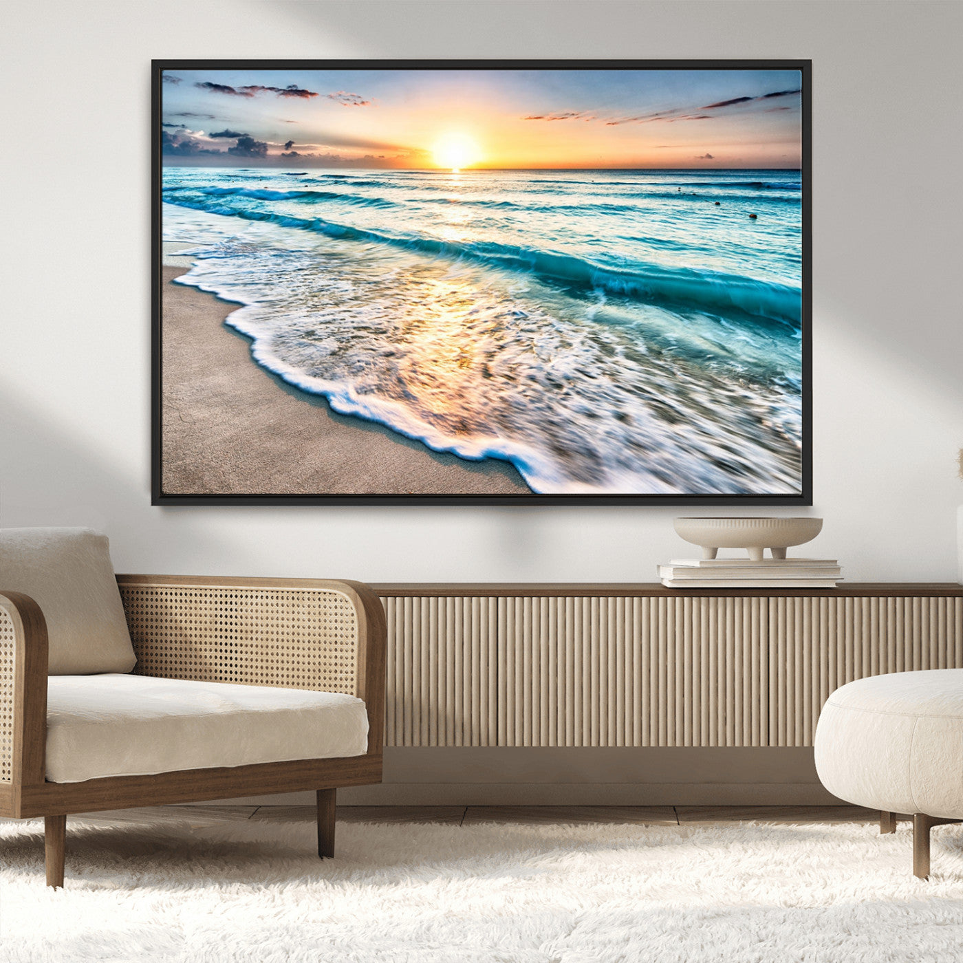 27815-MGV-CV-36X24-Ocean Sunrise Beach Wall Art – Serene Coastal Canvas Print with Waves and Golden Morning Light, Relaxing Seascape Decor for