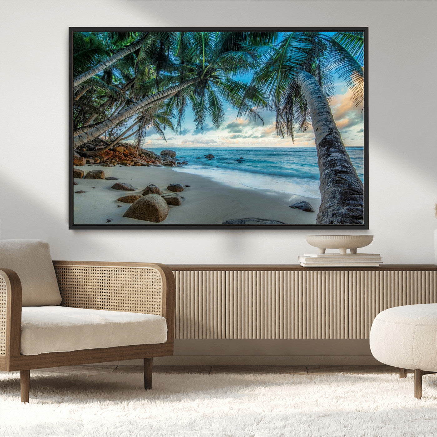 39679-MGV-CV-36X24-Tropical Palm Beach Wall Art – Serene Ocean Canvas Print with Palm Trees and Rocks, Coastal Paradise Decor for Living Room or