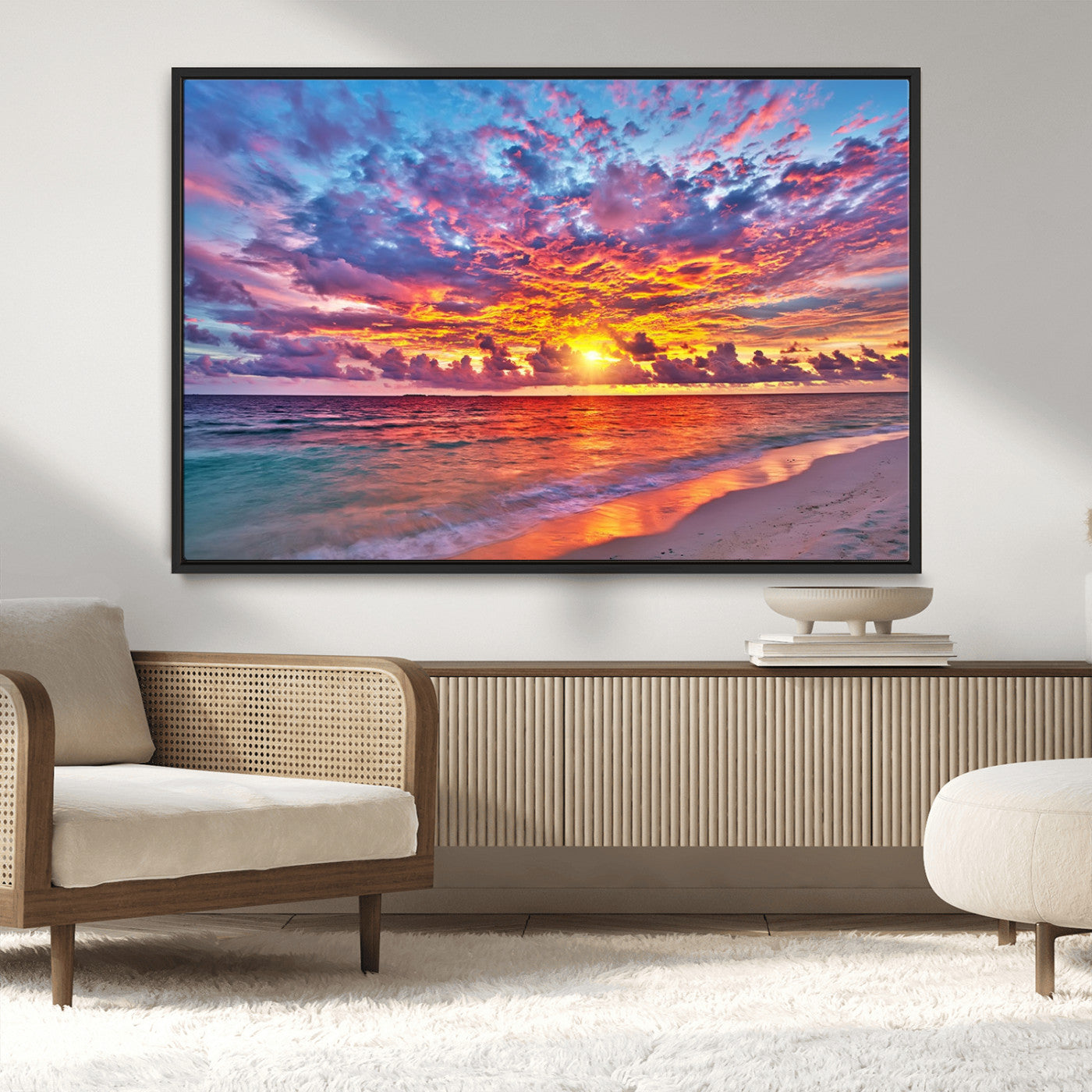 72836-MGV-CV-36X24-Fiery Sunset Beach Wall Art – Panoramic Vibrant Ocean Canvas Print, Dramatic Coastal Decor for Living Room, Bedroom or Office
