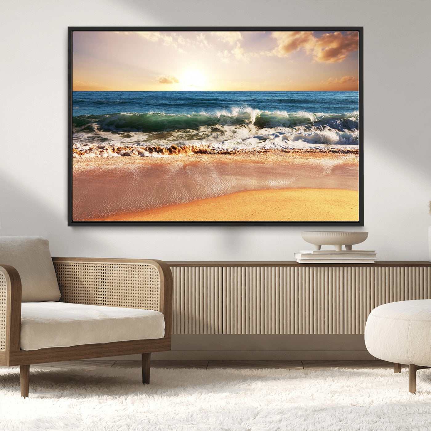 79005-MGV-CV-36X24-Golden Sunrise Ocean Waves Wall Art – Panoramic Seashore Canvas Print, Calming Coastal Decor for Home, Office or Relaxation Space