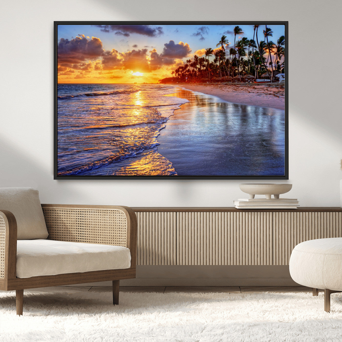 19917-MGV-CV-36X24-Tropical Sunset Beach Wall Art – Panoramic Palm Trees and Ocean Canvas Print, Vibrant Coastal Decor for Living Room, Office or Man