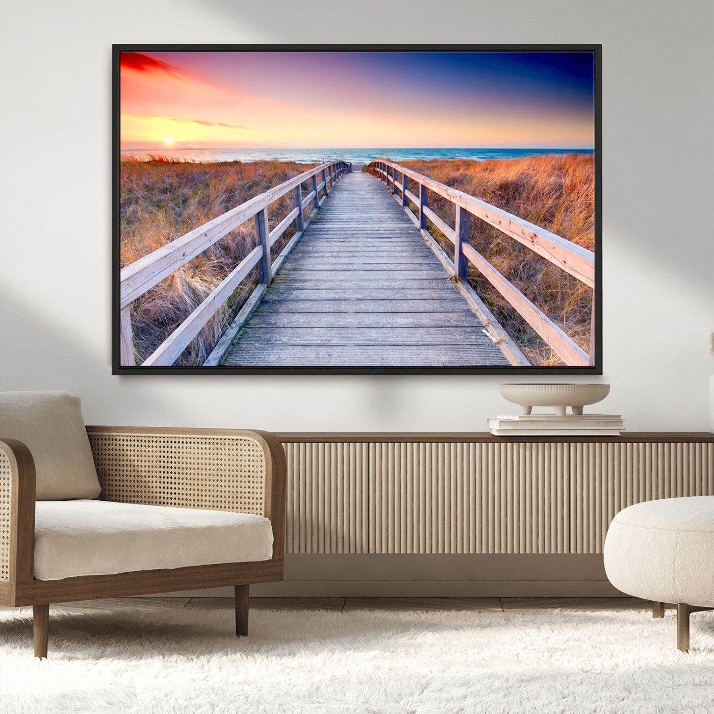 60625-MGV-CV-36X24-Beach Boardwalk Sunrise Wall Art – Coastal Pathway to Ocean Canvas Print, Seaside Landscape Decor for Home or Office