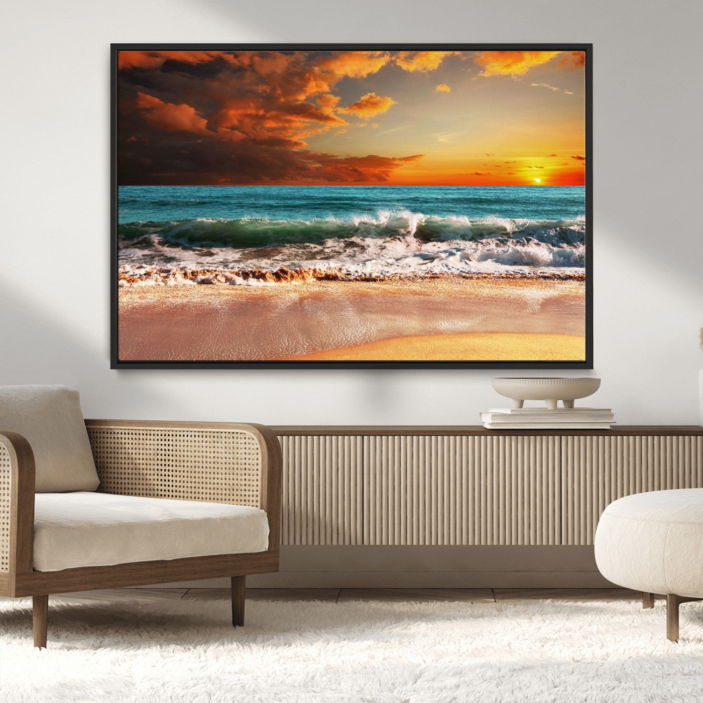 72948-MGV-CV-36X24-Ocean Sunset Wave Wall Art – Dramatic Seascape Canvas Print with Golden Sky and Crashing Waves, Coastal Beach Decor for Living