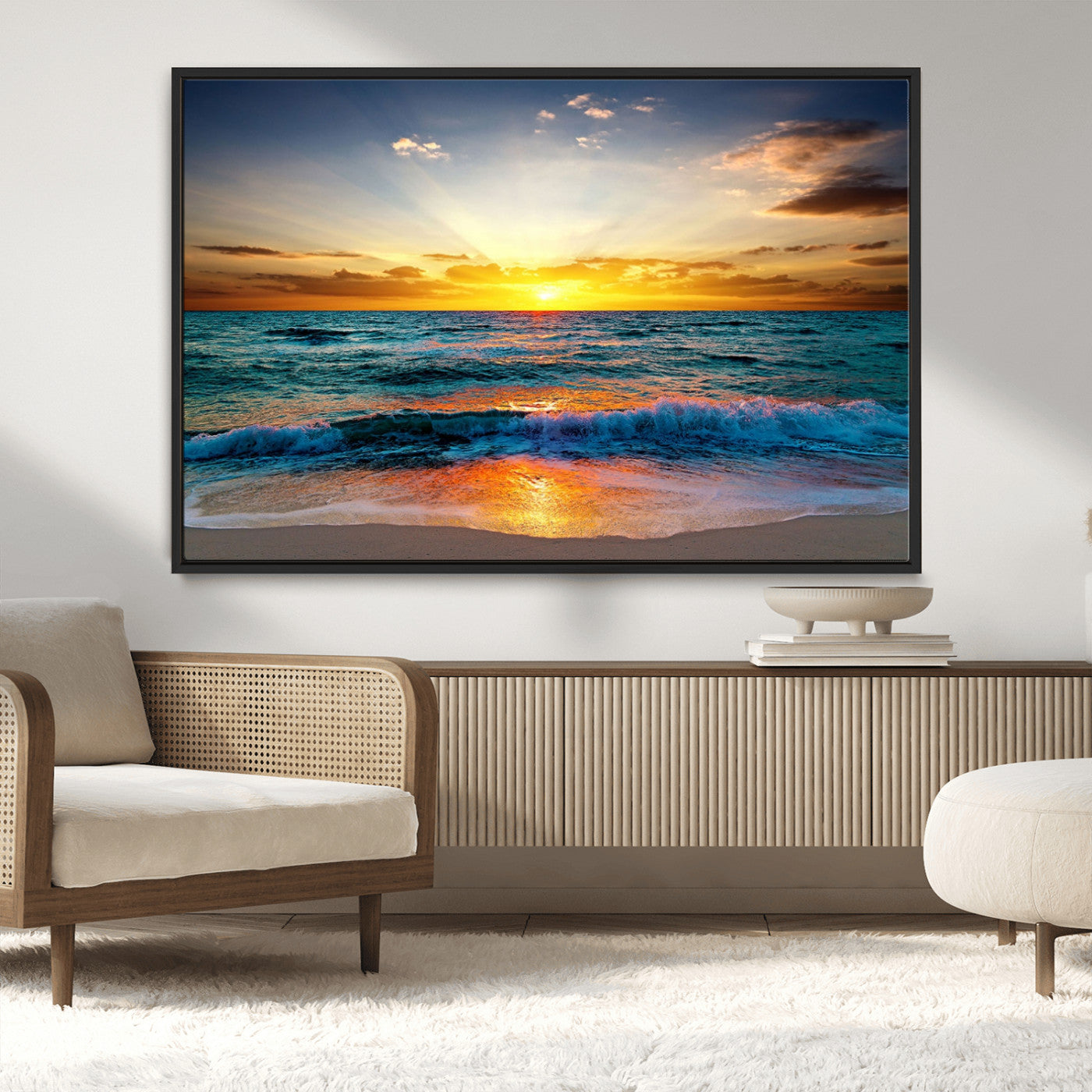 50627-MGV-CV-36X24-Ocean Sunset Wall Art – Serene Beach Canvas Print with Waves and Golden Sky, Coastal Decor for Living Room or Office
