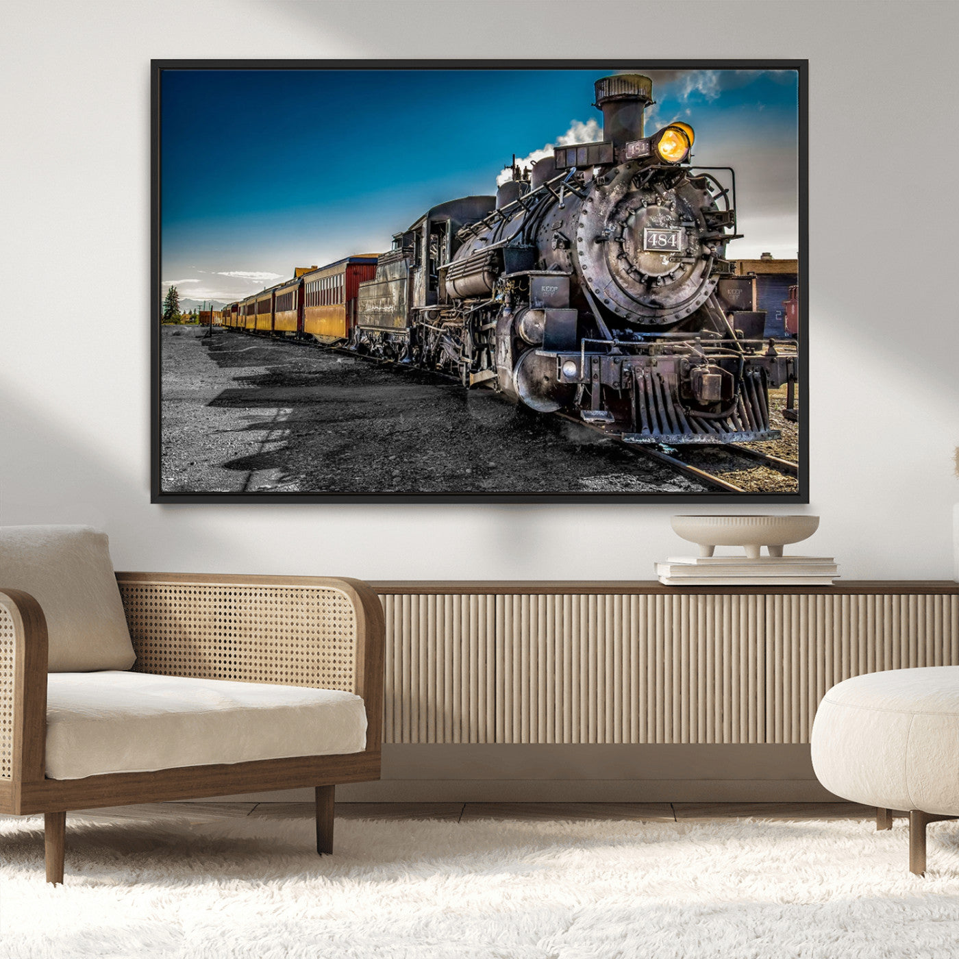 83325-MGV-CV-36X24-Vintage Steam Train Wall Art – Classic Locomotive Canvas Print, Industrial Railway Decor for Living Room or Office