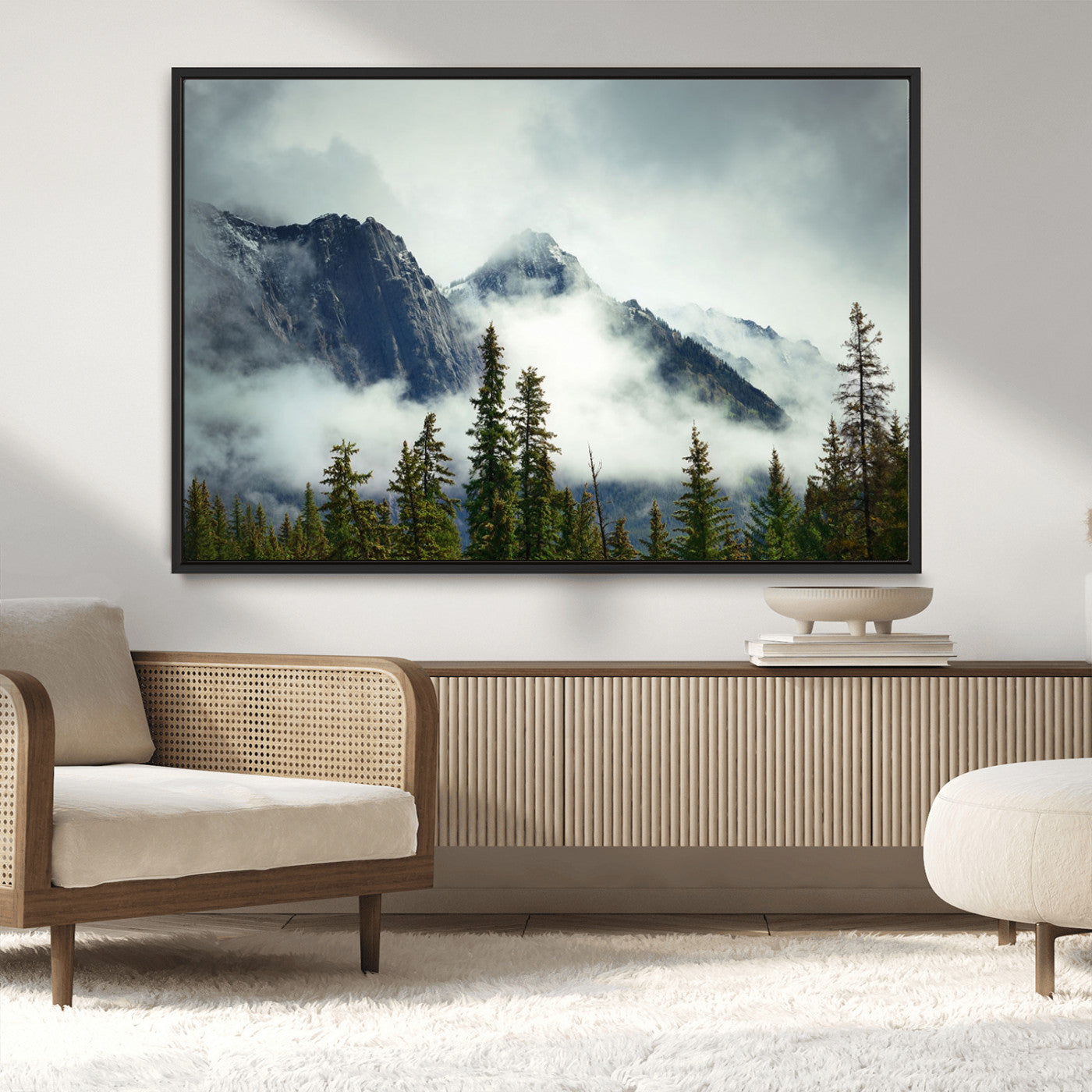 93219-MGV-CV-36X24-Misty Mountain Wall Art – Foggy Pines and Rocky Peaks Canvas Print, Nature Landscape Decor for Living Room, Office or Bedroom