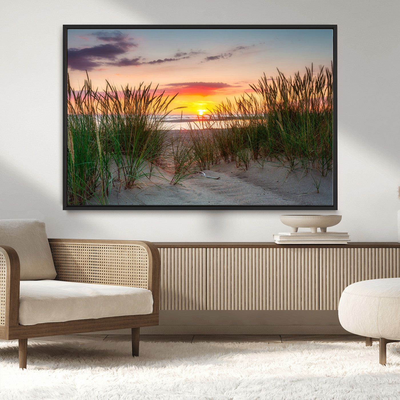 25576-MGV-CV-36X24-Beach Grass Sunset Wall Art – Coastal Sand Dune Landscape Canvas Print, Ocean View Nature Decor for Living Room or Office Wall