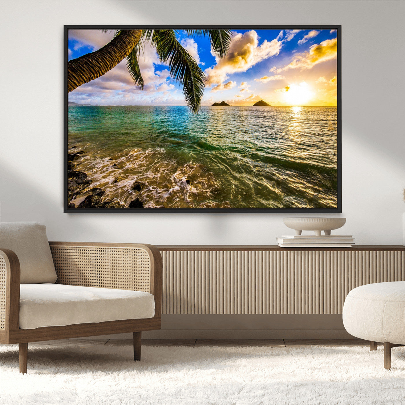 68606-MGV-CV-36X24-Tropical Palm Tree Ocean Wall Art – Sunset Beach Seascape Print, Coastal Paradise Decor for Living Room or Office