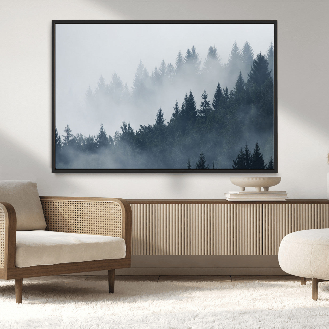 23671-MGV-CV-36X24-Misty Forest Wall Art – Serene Foggy Pine Trees Landscape Canvas Print, Tranquil Nature Decor for Living Room, Bedroom or Office