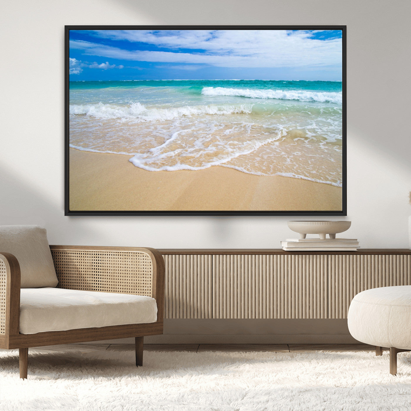 20660-MGV-CV-36X24-Ocean Wave Beach Wall Art – Serene Blue Sea and Sandy Shore Canvas Print, Coastal Landscape Photography Decor for Living Room or