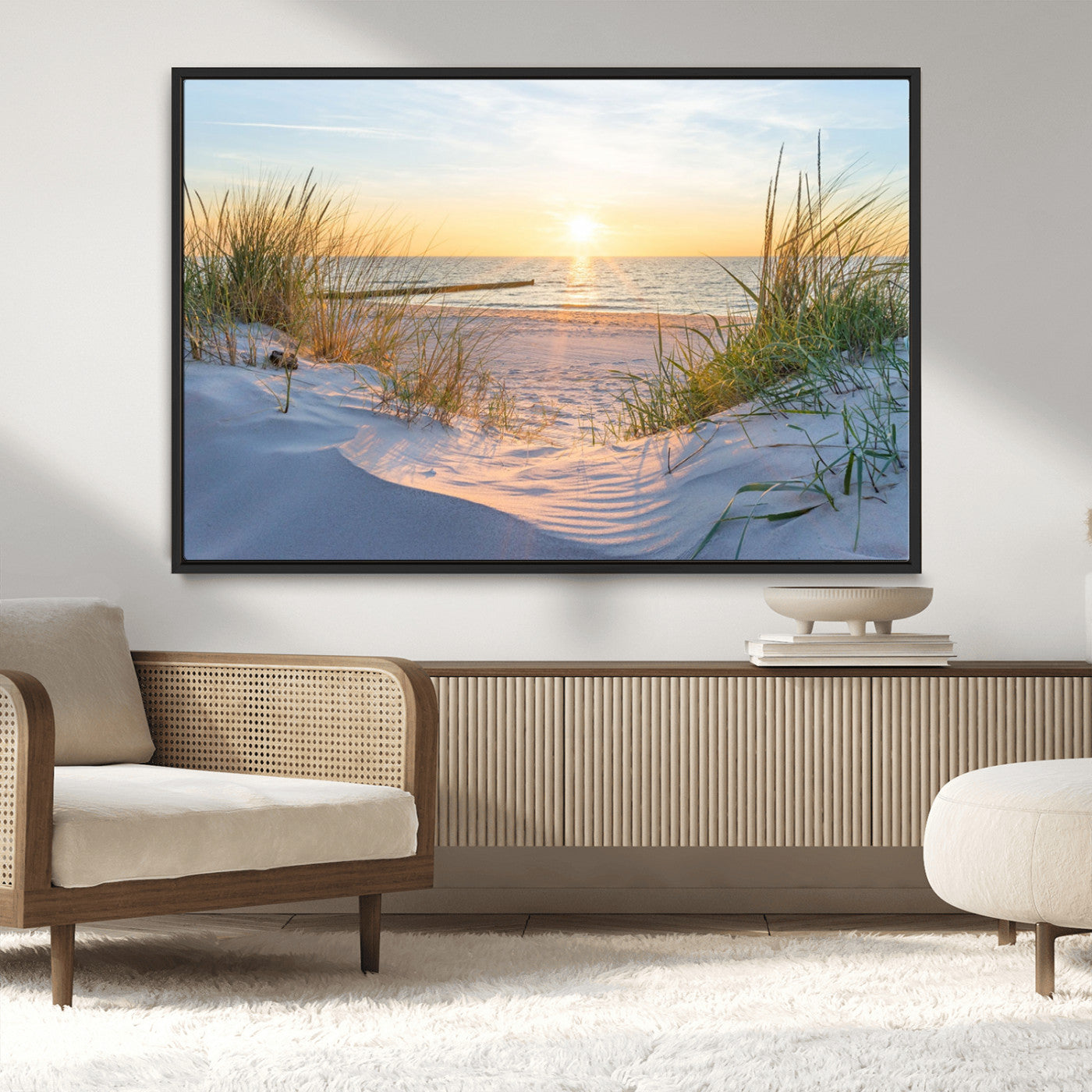 48907-MGV-CV-36X24-Beach Sunset Wall Art – Coastal Sand Dunes and Ocean View Canvas Print, Serene Seaside Landscape Painting for Living Room, Bedroom