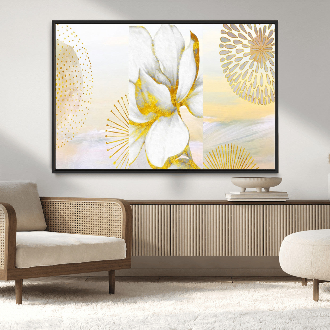 82301-MGV-CV-36X24-Modern Floral Wall Art – White Flower with Gold Detailing Canvas Print, Elegant Abstract Artwork for Living Room, Bedroom, or