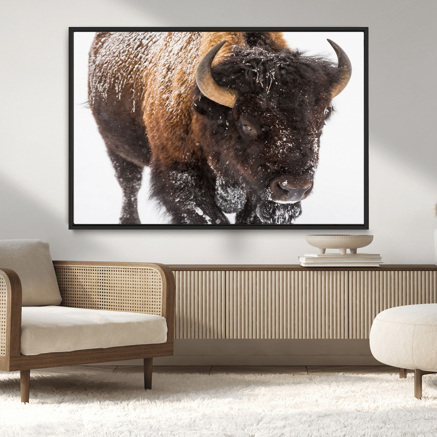 65605-MGV-CV-36X24-Snow Bison Wall Art – Close Up Buffalo Canvas Print, Rustic Western Wildlife Photography, Farmhouse Cabin Lodge Decor for Living
