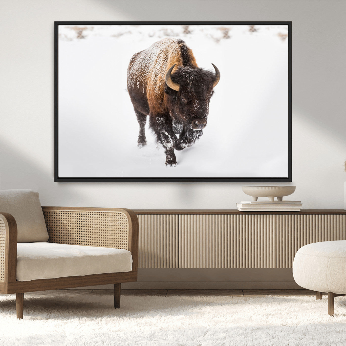 19889-MGV-CV-36X24-Snow Bison Wall Art – Majestic Buffalo Winter Landscape Canvas Print, Rustic Wildlife Photography Decor for Cabin, Lodge, Living