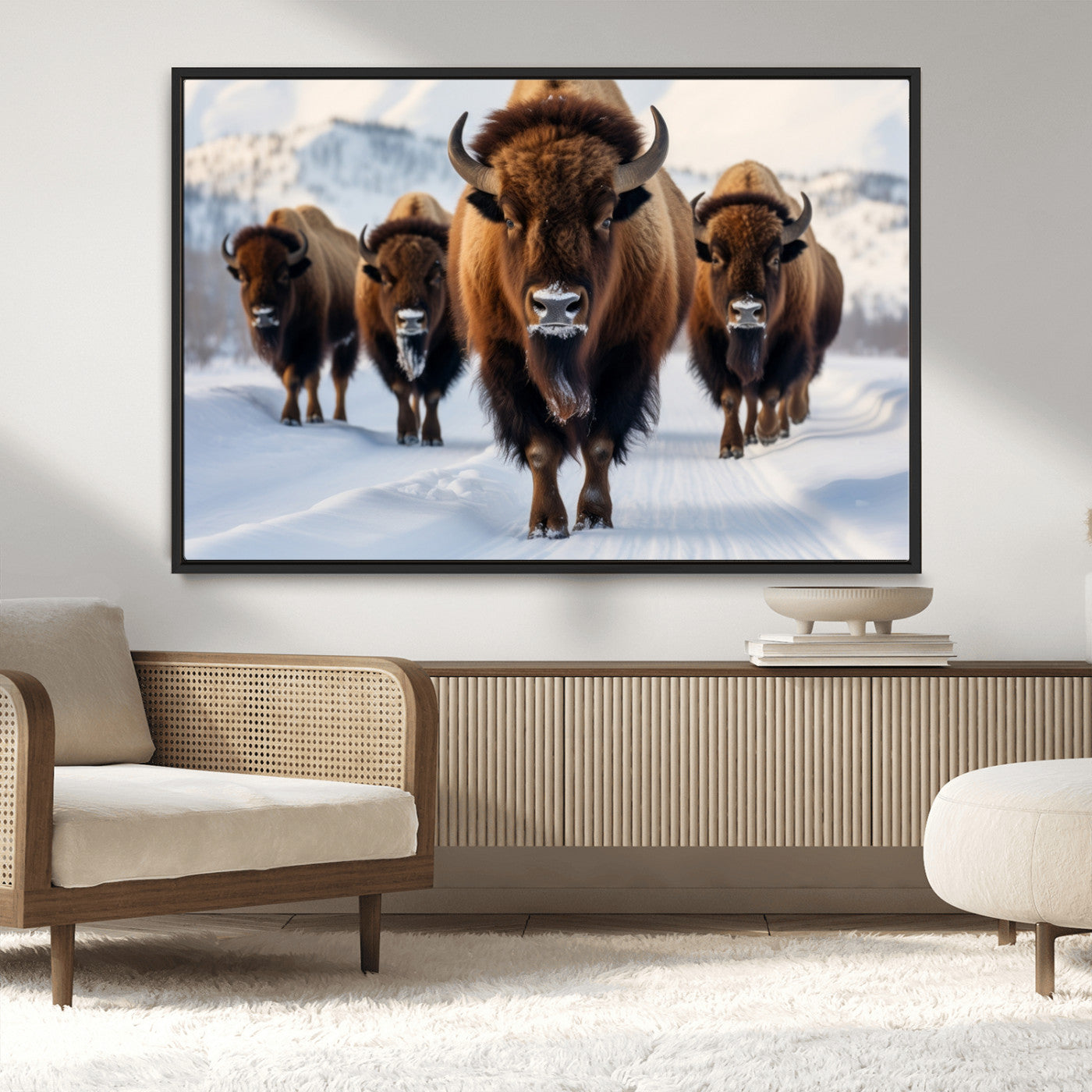 56701-MGV-CV-36X24-Bison Herd Wall Art – Buffalo Walking in Snowy Mountains Canvas Print, Rustic Wildlife Decor for Cabin, Lodge, or Living Room