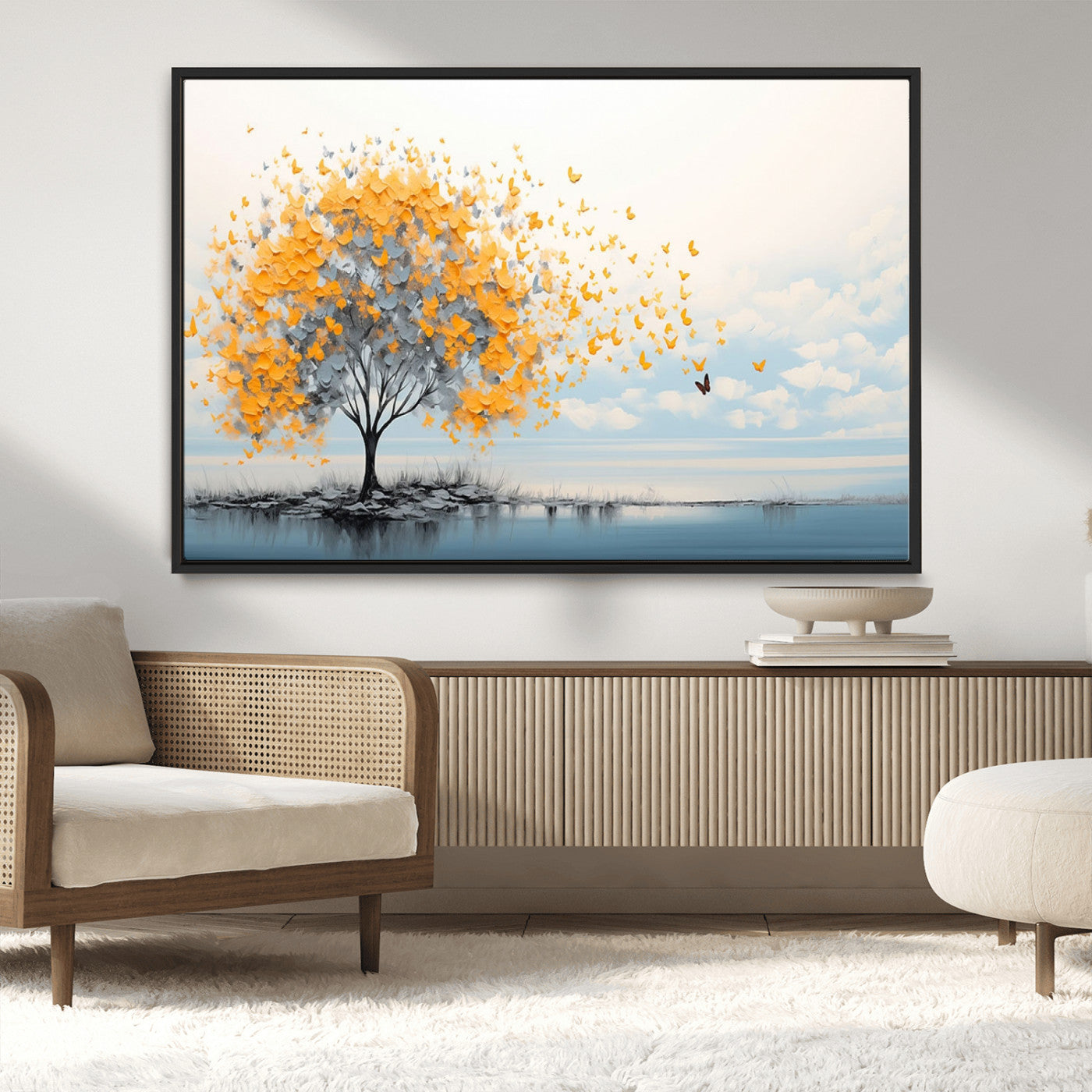 23385-MGV-CV-36X24-Golden Butterfly Tree Wall Art – Abstract Yellow and Gray Canvas Print, Modern Nature Artwork for Living Room, Bedroom or Office