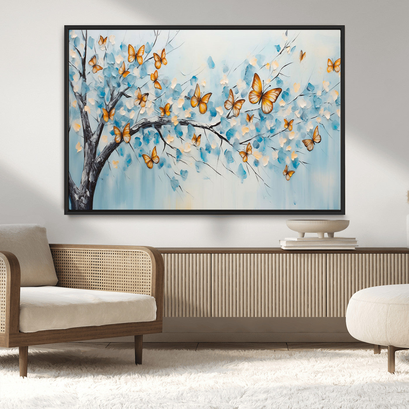 59455-MGV-FC-36X24_Black-Butterfly Tree Branch Wall Art – Blue and Yellow Abstract Canvas Print, Modern Nature Artwork for Living Room, Bedroom or Office