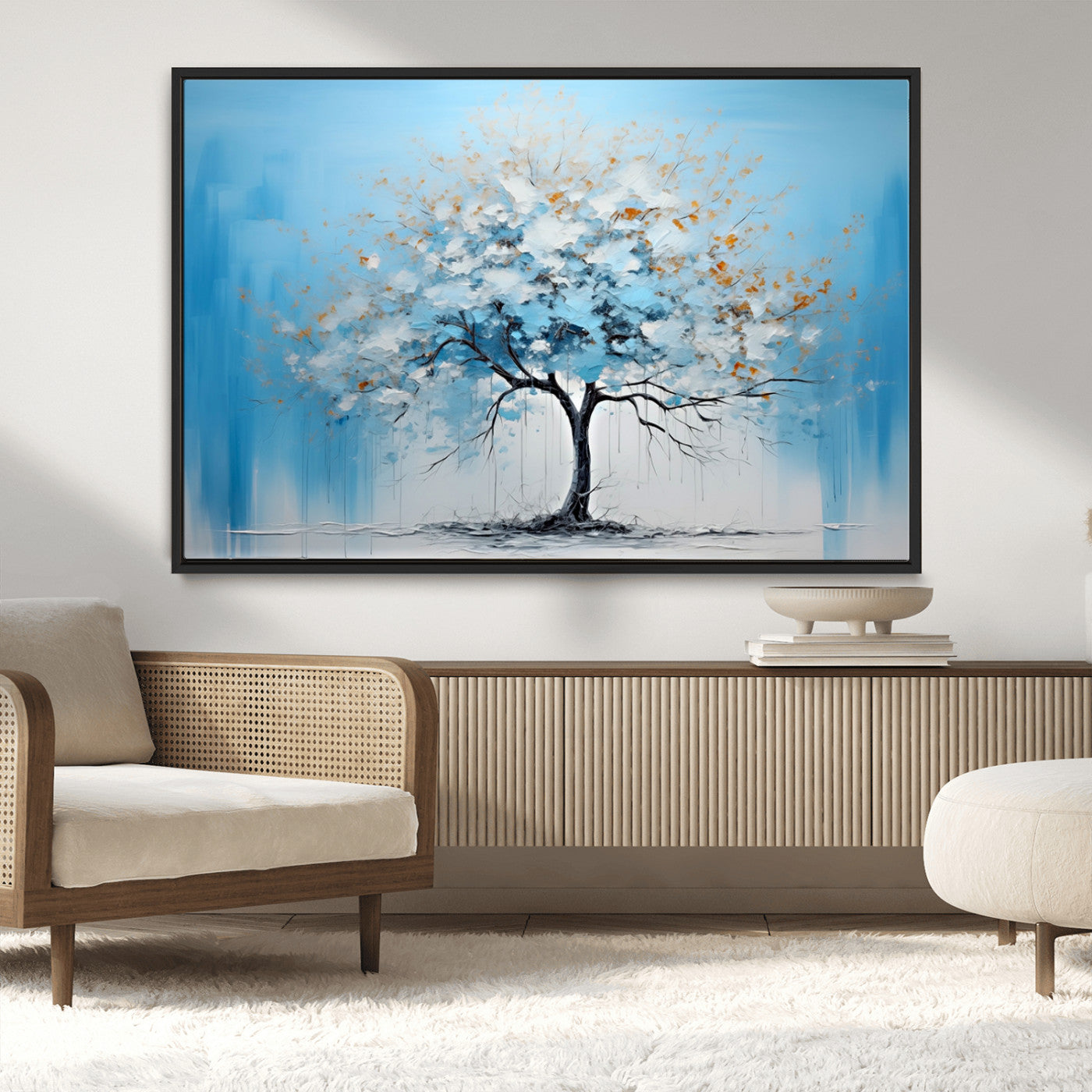 25021-MGV-CV-36X24-Abstract Tree Wall Art – Blue and White Canvas Painting with Gold Accents, Modern Nature-Inspired Artwork for Living Room, Bedroom
