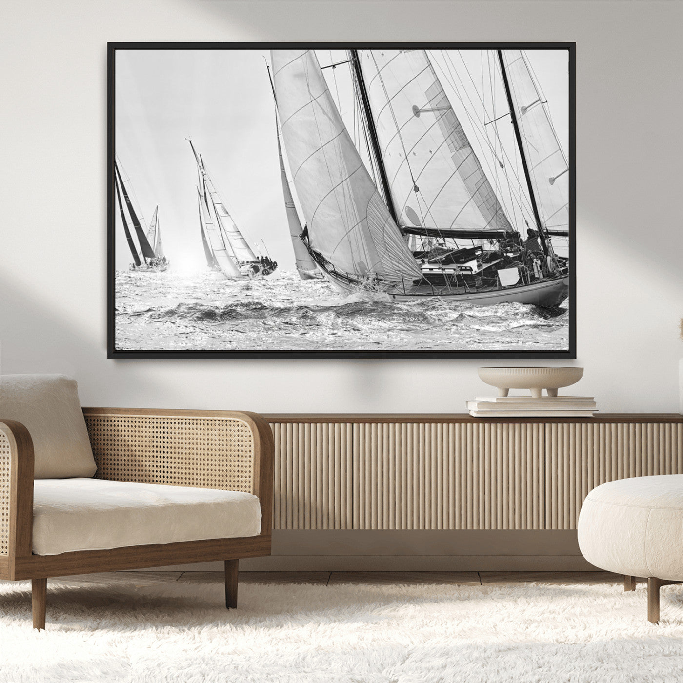Boat-1-MGV-CV-36X24-Sailboat Racing Wall Art – Nautical Black and White Canvas Print, Ocean Adventure Decor for Office, Living Room or Bedroom