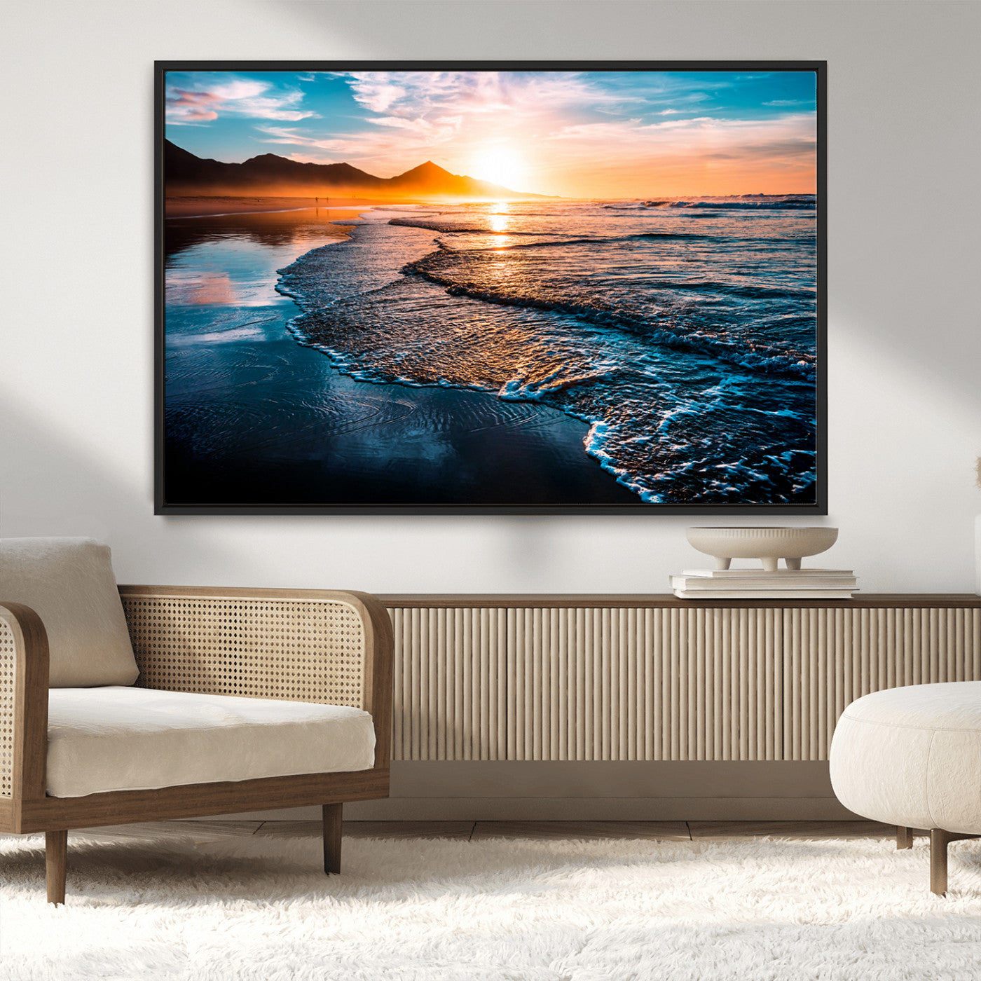 26494-MGV-CV-36X24-Ocean Sunset Wall Art – Scenic Beach Canvas Print with Waves and Mountains, Coastal Seascape Photography for Living Room, Bedroom