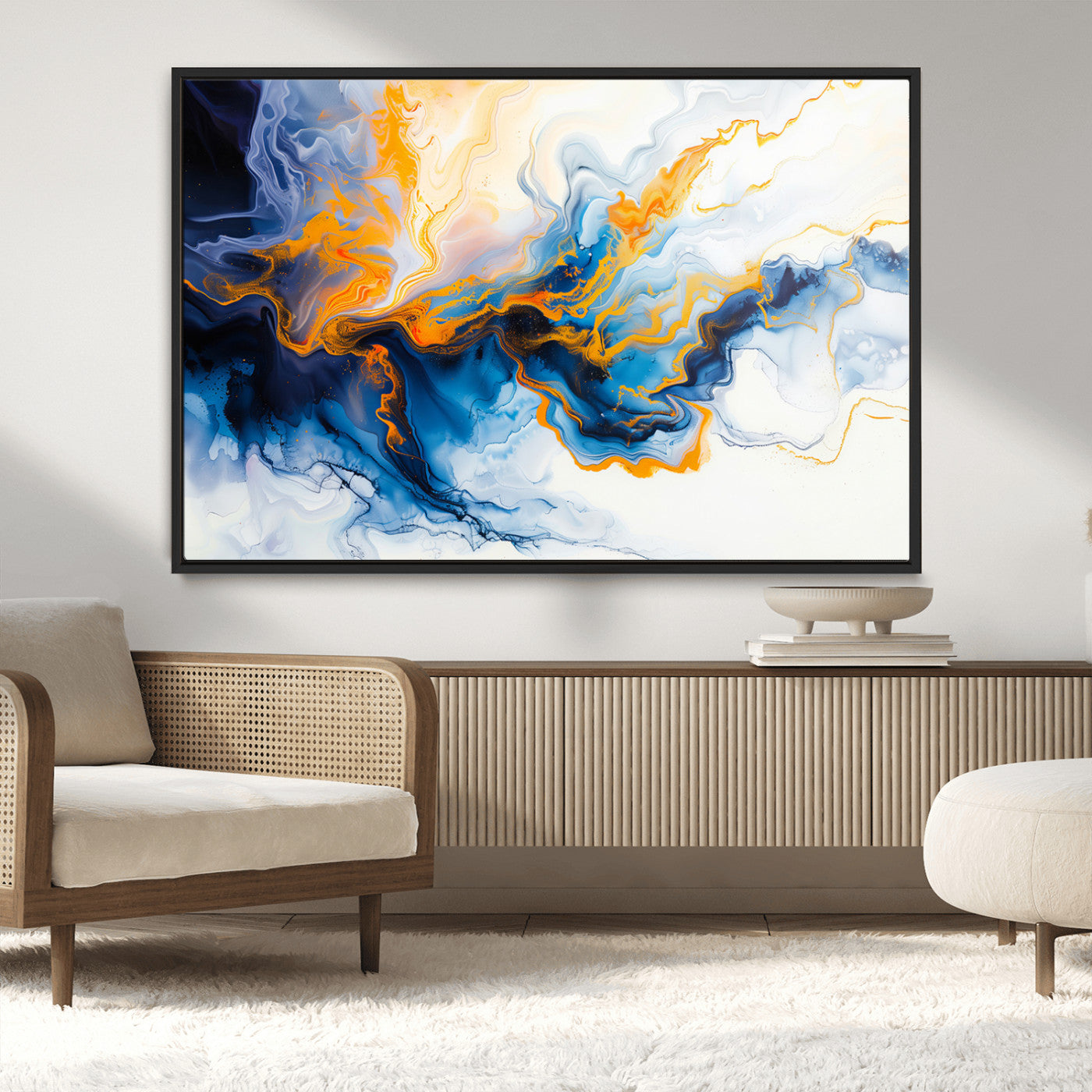 83720-MGV-CV-36X24-Abstract Fluid Wall Art – Blue, White and Gold Swirl Canvas Painting, Modern Contemporary Artwork for Living Room, Bedroom or