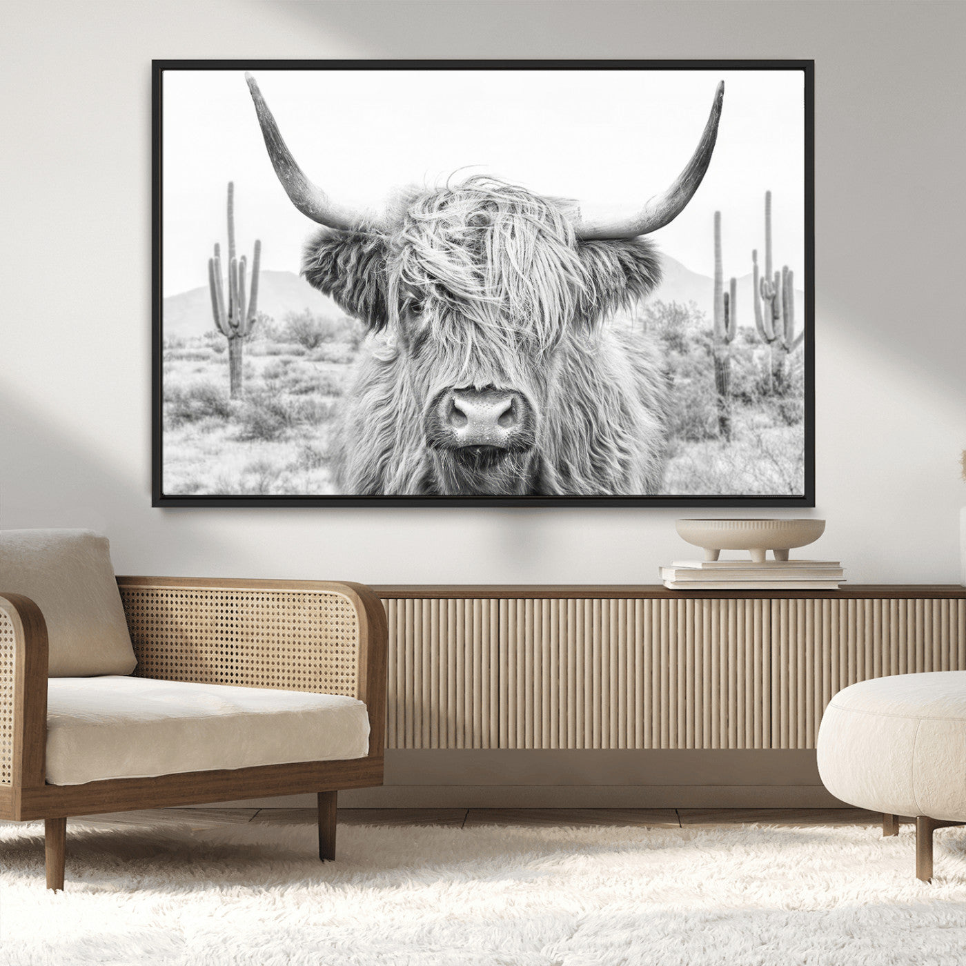 94579-MGV-CV-36X24-Highland Cow Wall Art – Black and White Longhorn Canvas Print, Rustic Western Farmhouse Animal Photography for Living Room,