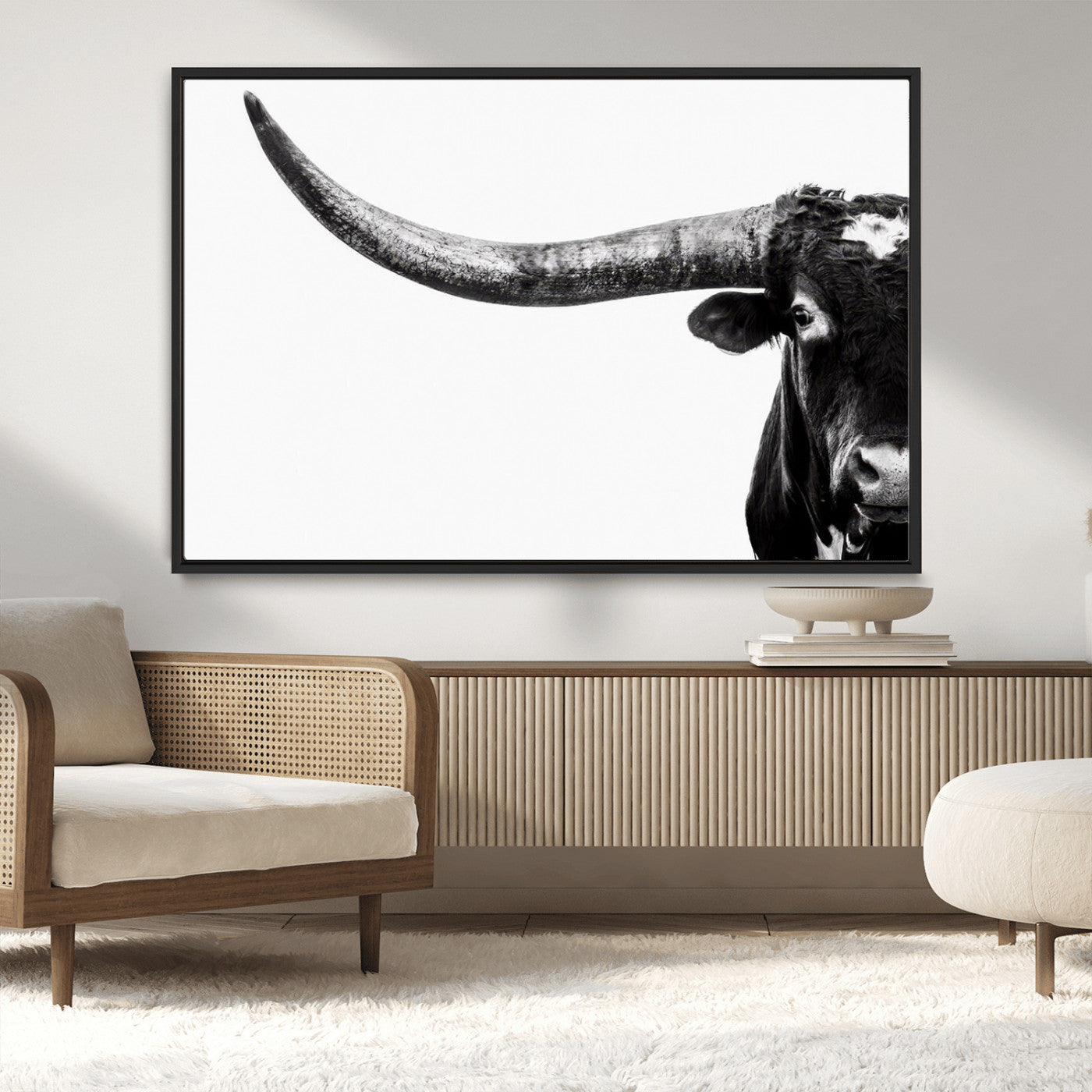31699-MGV-CV-36X24-Longhorn Wall Art – Black and White Texas Longhorn Cow Canvas Print, Rustic Western Farmhouse Artwork for Living Room, Bedroom or