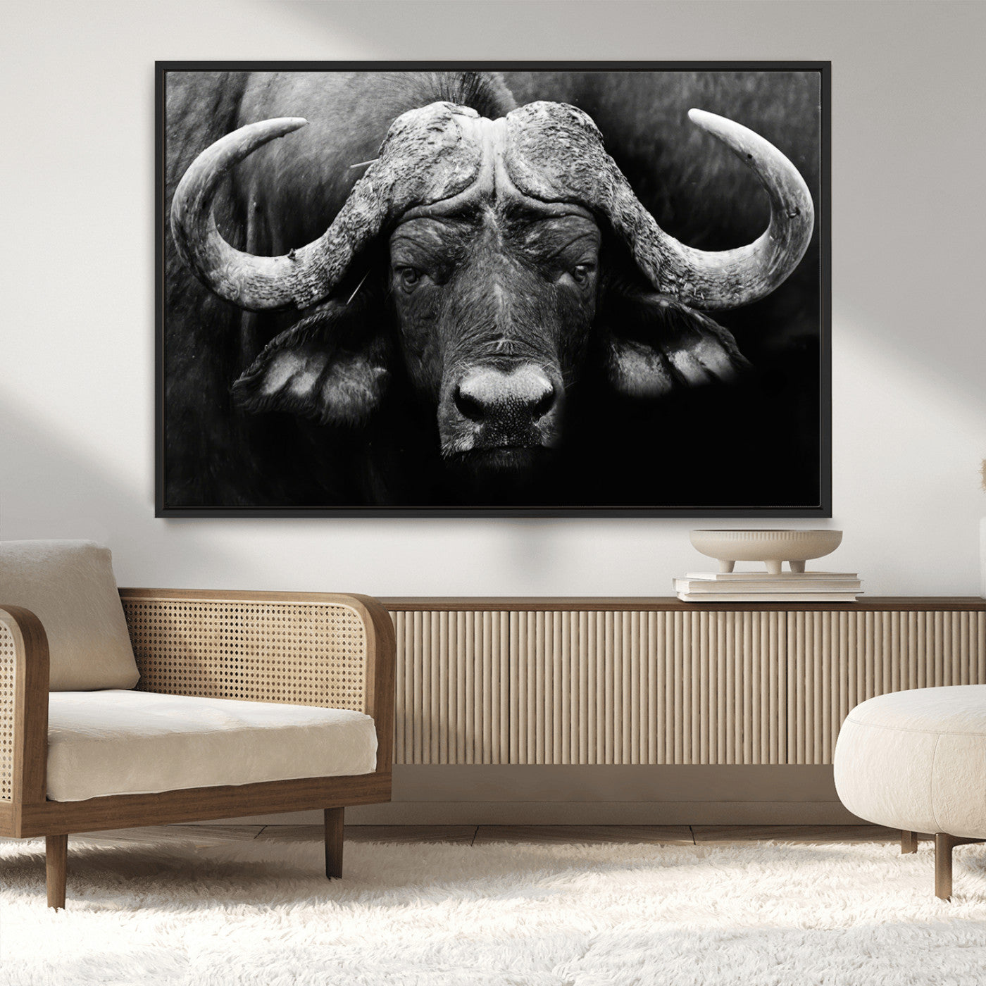 75273-MGV-CV-36X24-Buffalo Wall Art – Black and White African Buffalo Canvas Print, Rustic Wildlife Animal Artwork for Farmhouse, Living Room,