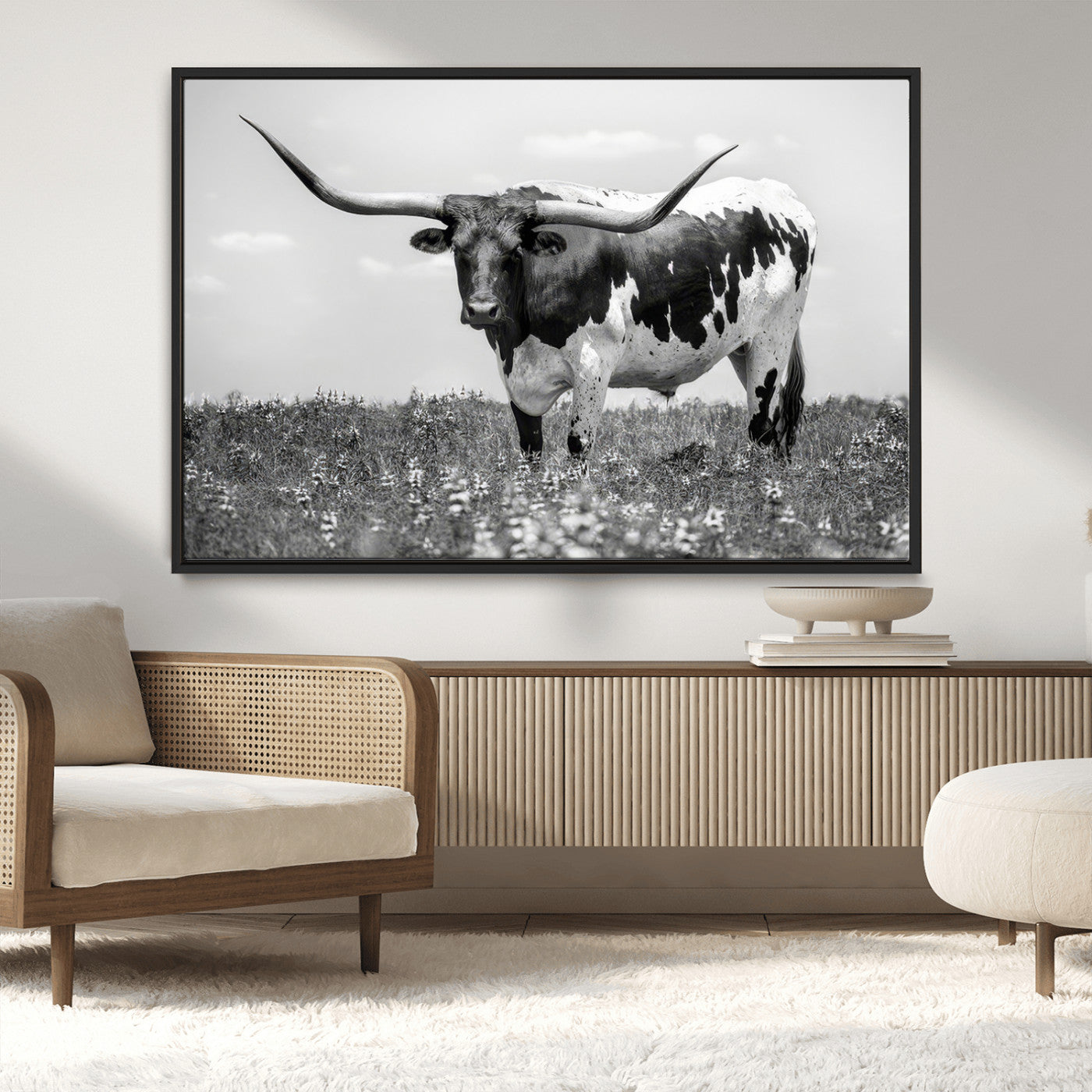 94709-MGV-CV-36X24-Texas Longhorn Wall Art – Black and White Bull Photography Canvas Print, Western Farmhouse Wall Decor for Living Room, Office or
