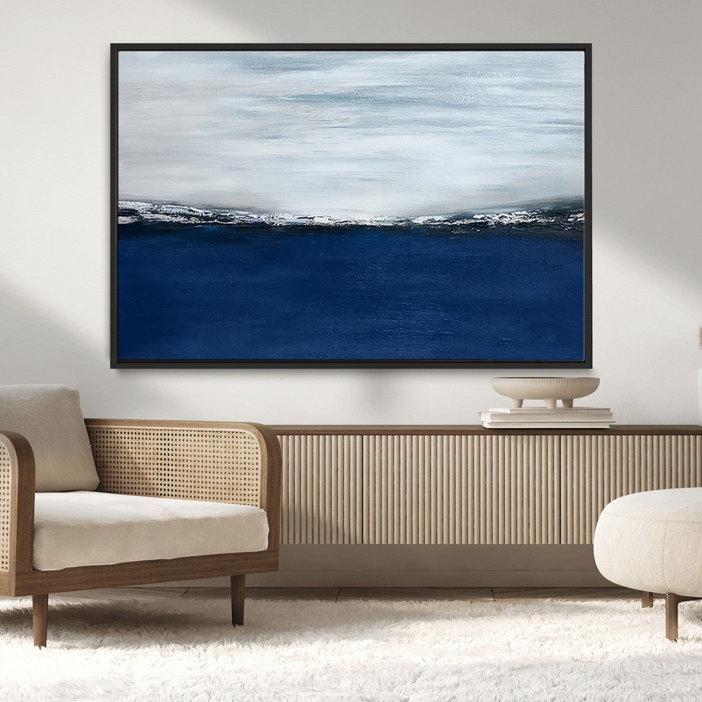 62197-MGV-CV-36X24-Abstract Ocean Wall Art – Minimalist Blue and White Canvas Print, Modern Coastal Seascape Painting for Bedroom, Living Room or