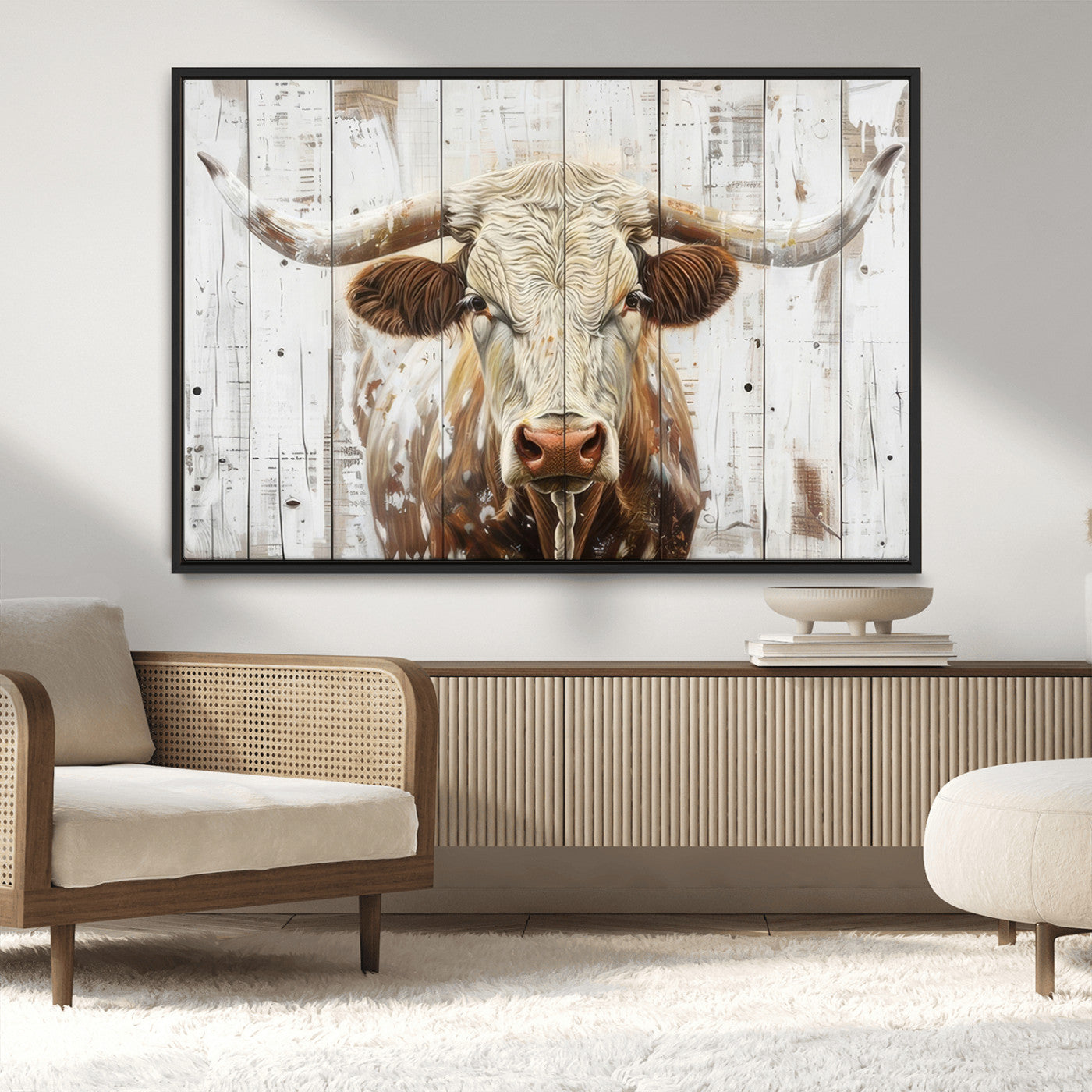 71551-MGV-FC-36X24_Black-Longhorn Bull Wall Art – Rustic Western Cow Canvas Print, Farmhouse Animal Painting with Wood Plank Style for Living Room, Office