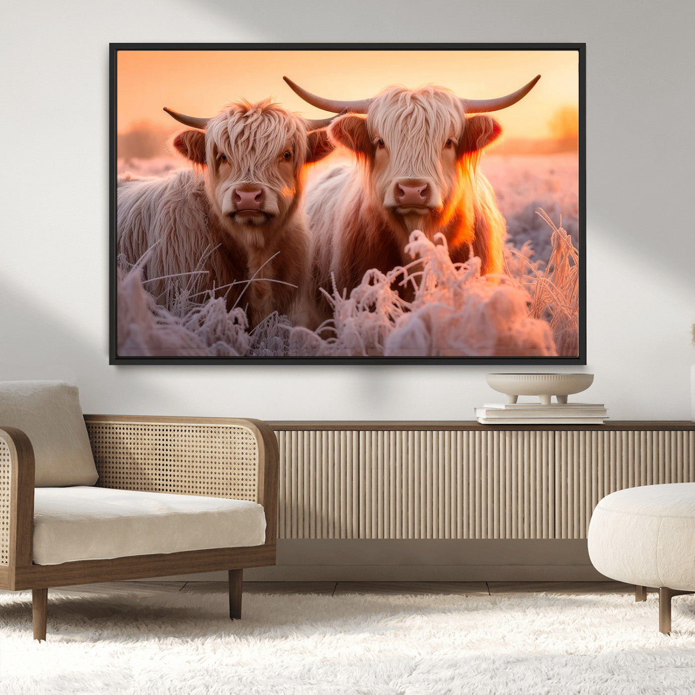 68253-MGV-CV-36X24-Highland Cow Wall Art – Rustic Farmhouse Cattle Canvas Print, Frosty Sunset Animal Artwork for Living Room, Bedroom or Country
