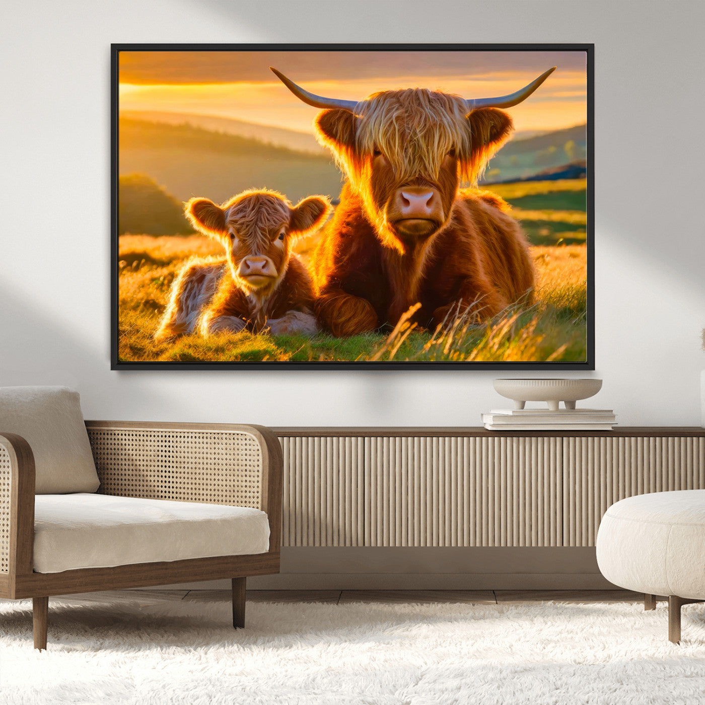 20567-MGV-CV-36X24-Highland Cow and Calf Wall Art – Rustic Farmhouse Sunset Cattle Canvas Print, Country Animal Artwork for Living Room, Bedroom, or