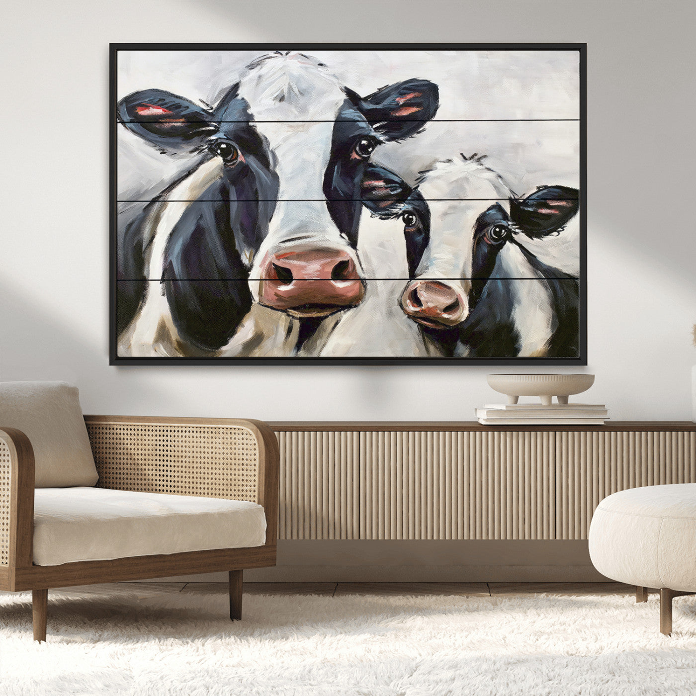 28934-MGV-CV-36X24-Farmhouse Cow Wall Art – Rustic Black and White Dairy Cattle Canvas Print, Country Barn Animal Painting for Kitchen, Living Room
